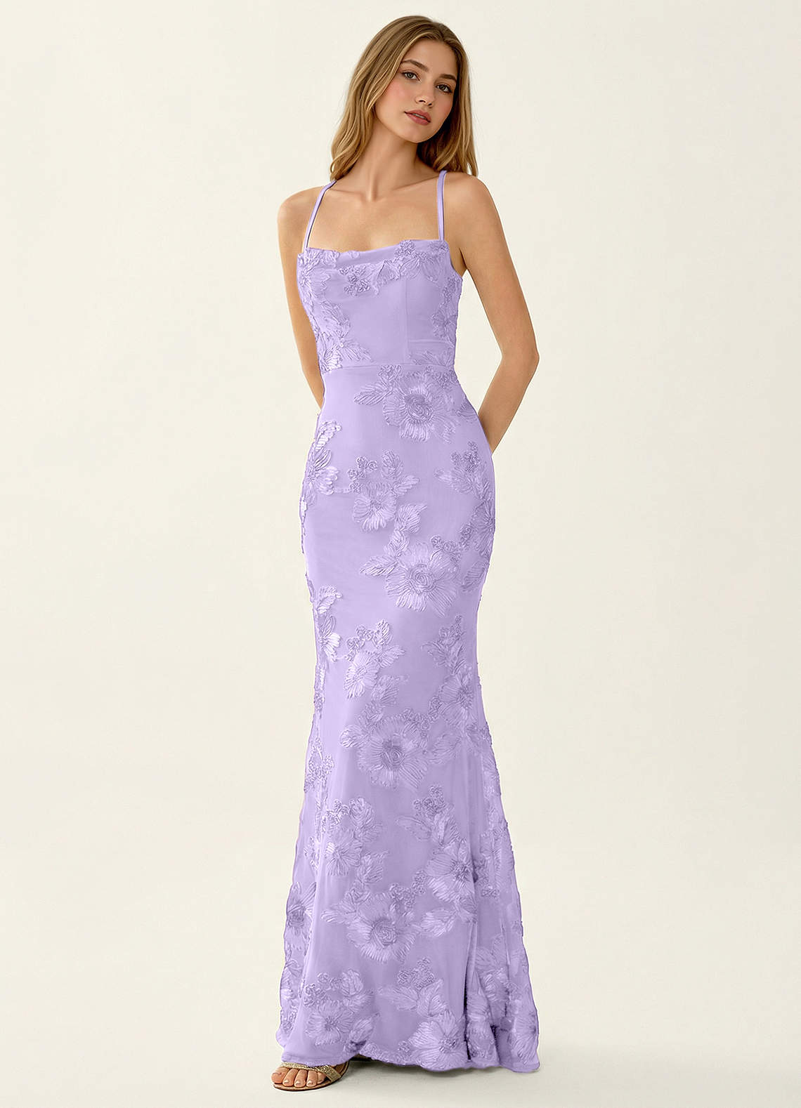 Kailani Mermaid Spaghetti-Strap Lace Evening Dress in Lilac
