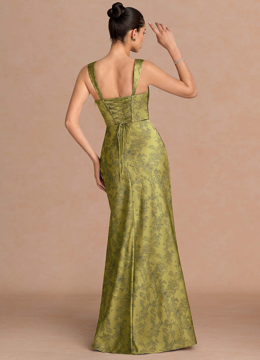 Agustina Square-Neck Pleated Jacquard Evening Dress in Moss Navy