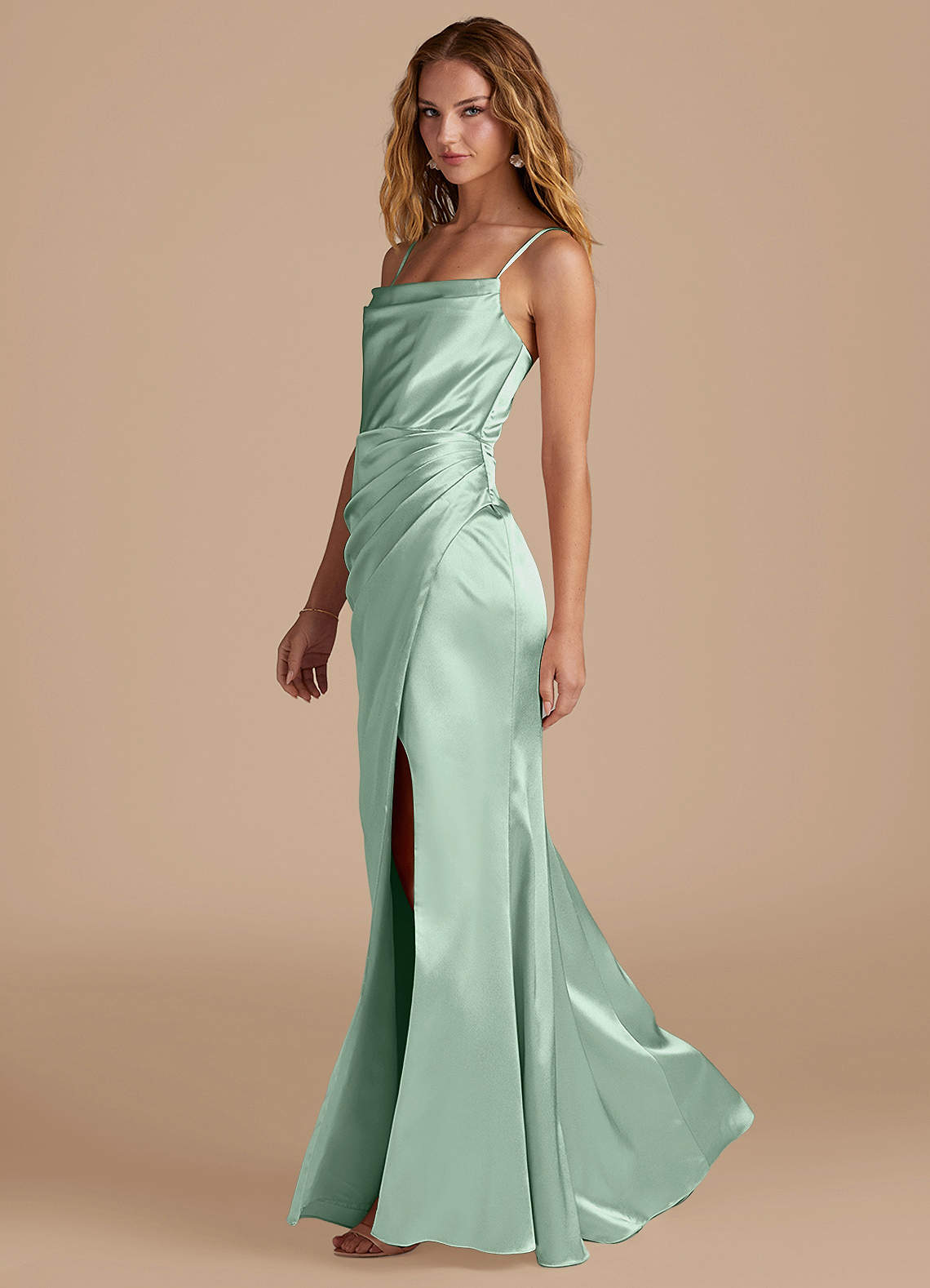Marzia Mermaid Square-Neck Metallic Satin Bridesmaid Dress in Agave