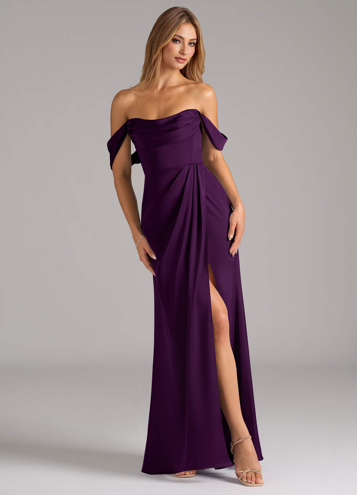 Johana Mermaid Off-the-Shoulder Stretch Satin Bridesmaid Dress in Grape