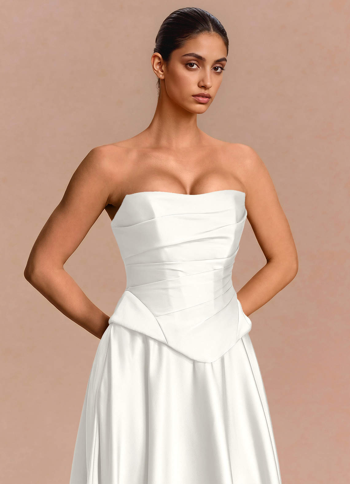 Eponine A-Line Pleated Stretch Satin Evening Dress in White