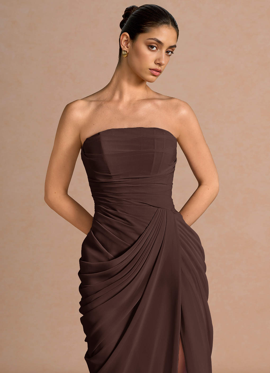 Kaavia Column Pleated Chiffon Midi Evening Dress in Truffle