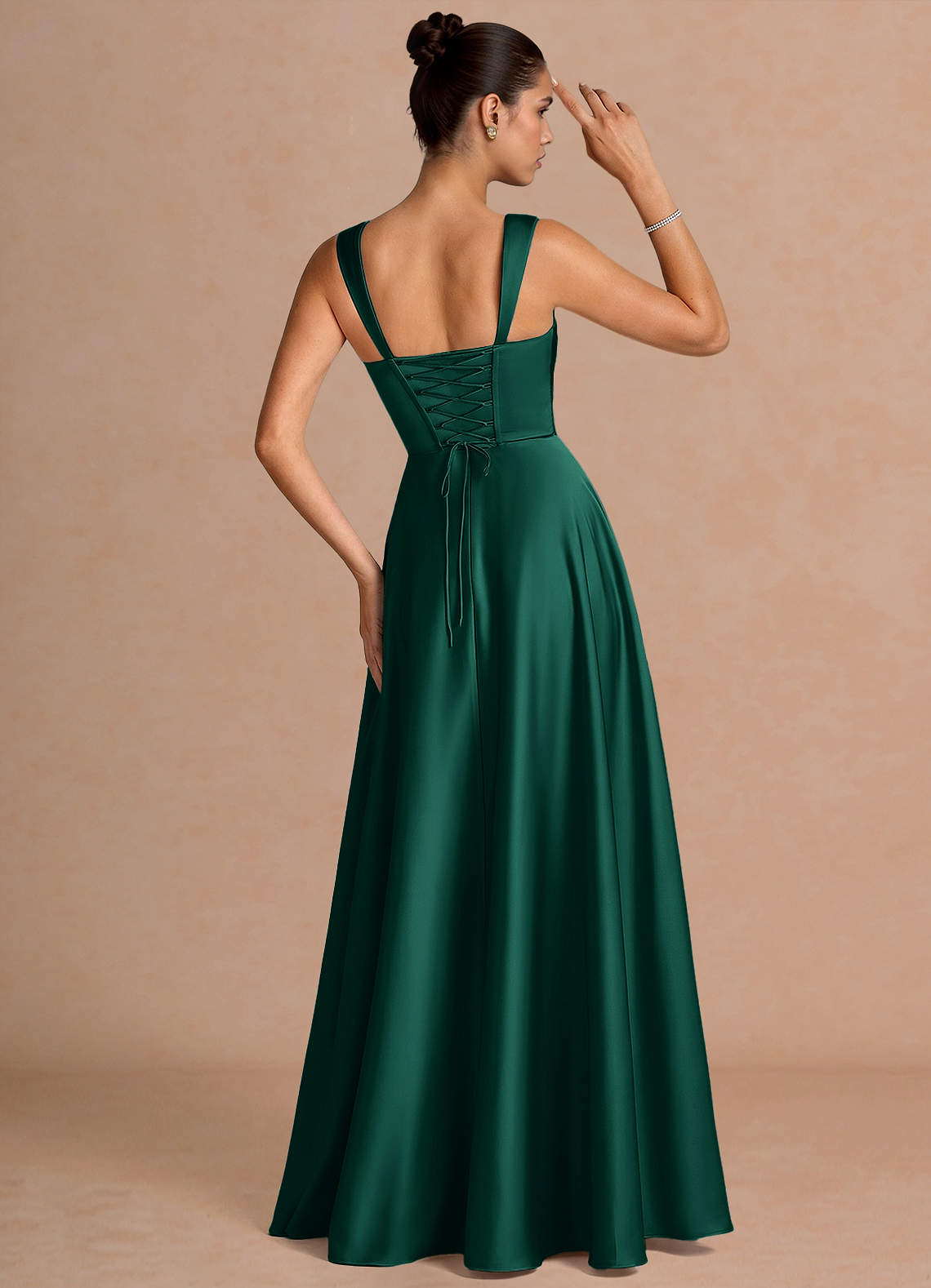 Azaria A-Line Square-Neck Stretch Satin Wedding Guest Dress in Hunter Green