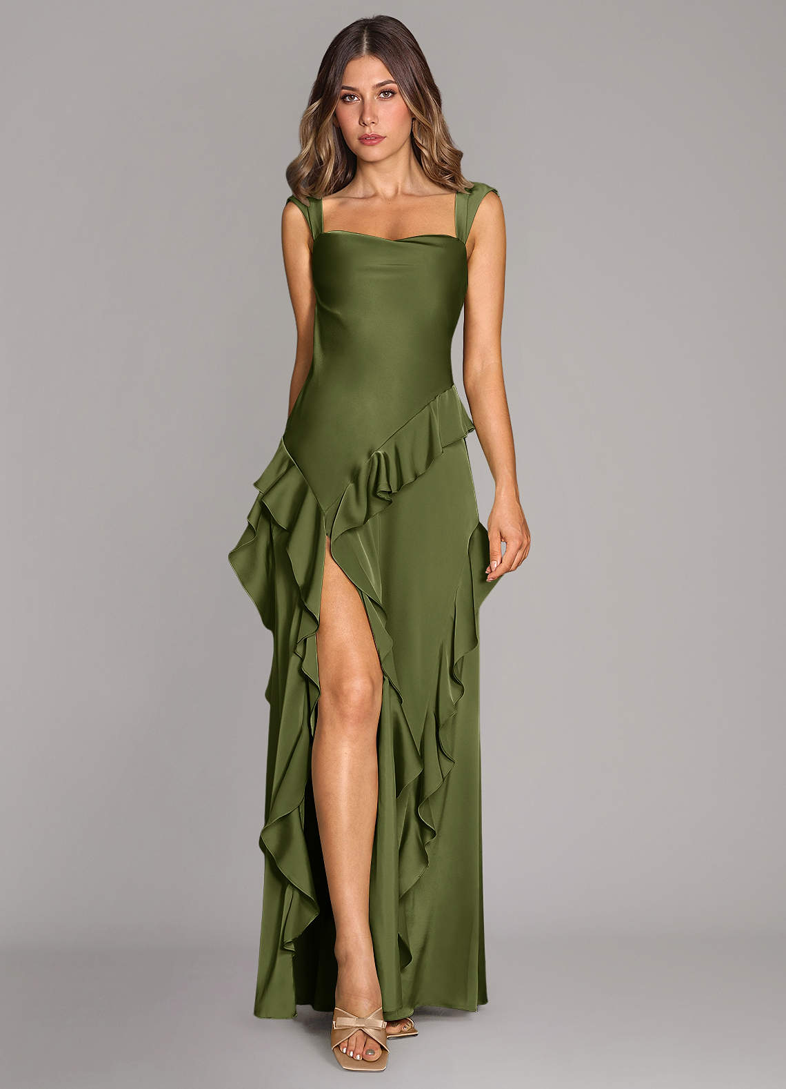 Sloane A-Line Sweetheart Stretch Satin Bridesmaid Dress in Olive