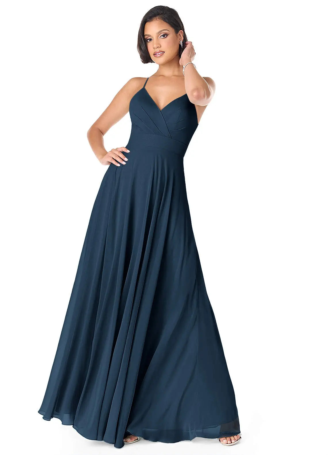Avelina A-Line V-Neck Chiffon Bridesmaid Dress in Dark Navy