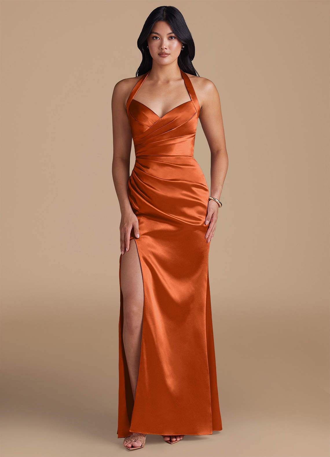 Emeria Sheath Halter Metallic Satin Bridesmaid Dress in Burnt Orange