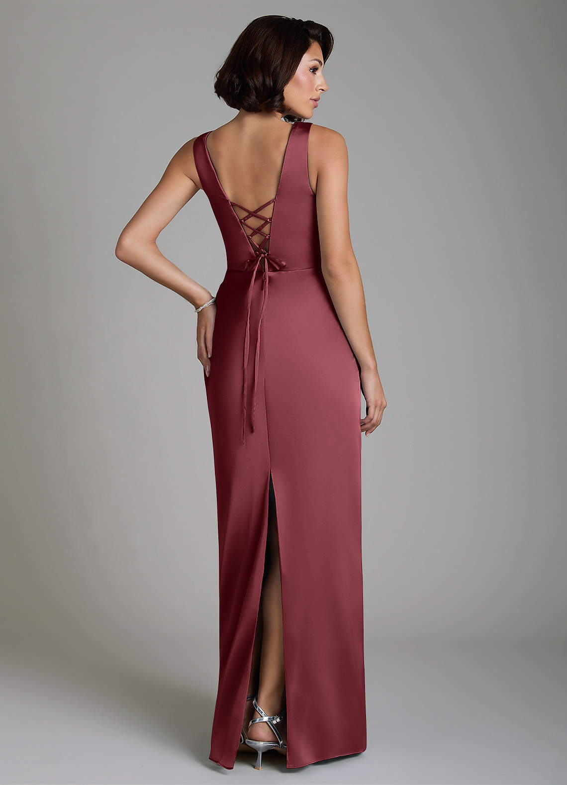 Vanya Sheath V-Neck Stretch Satin Bridesmaid Dress in Merlot