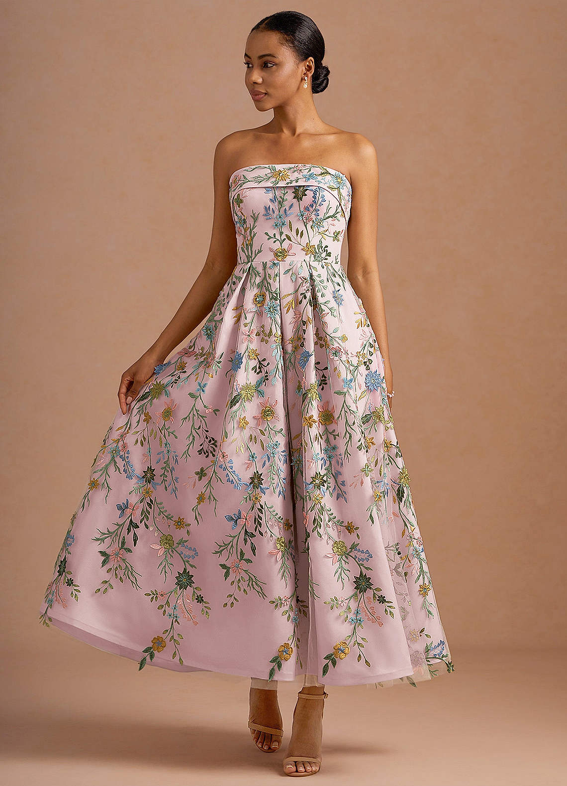 Evangeline Strapless Corset Floral Lace Evening Dress in candy pink
