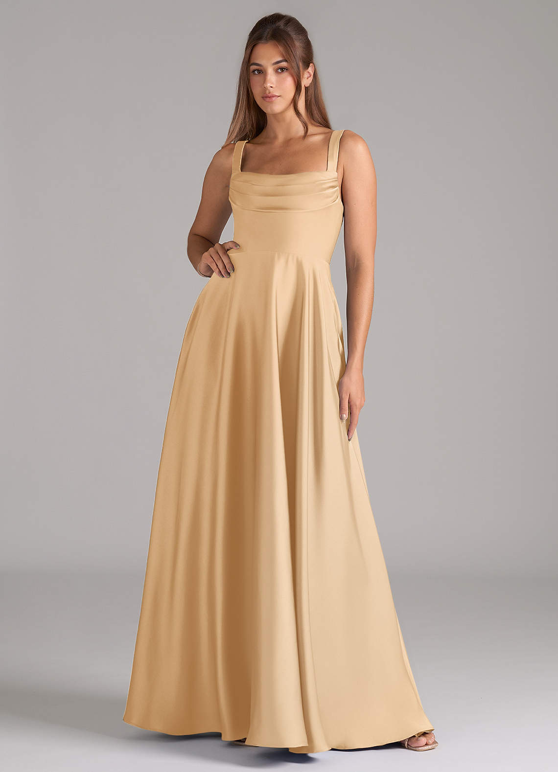 Shaude A-Line Square-Neck Stretch Satin Bridesmaid Dress in Gold