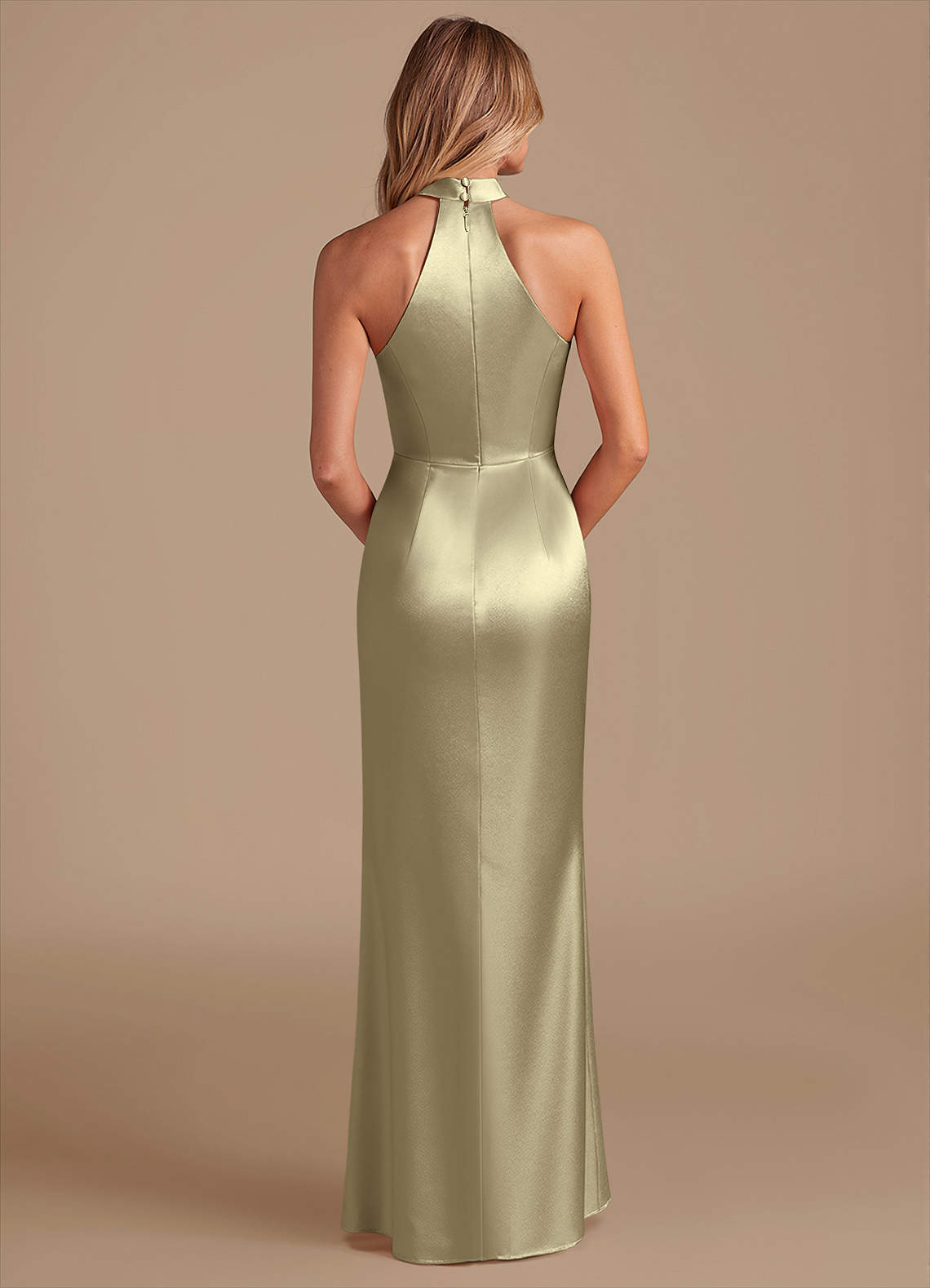Karlotta Sheath Halter-Neck Metallic Satin Bridesmaid Dress in Moss Green