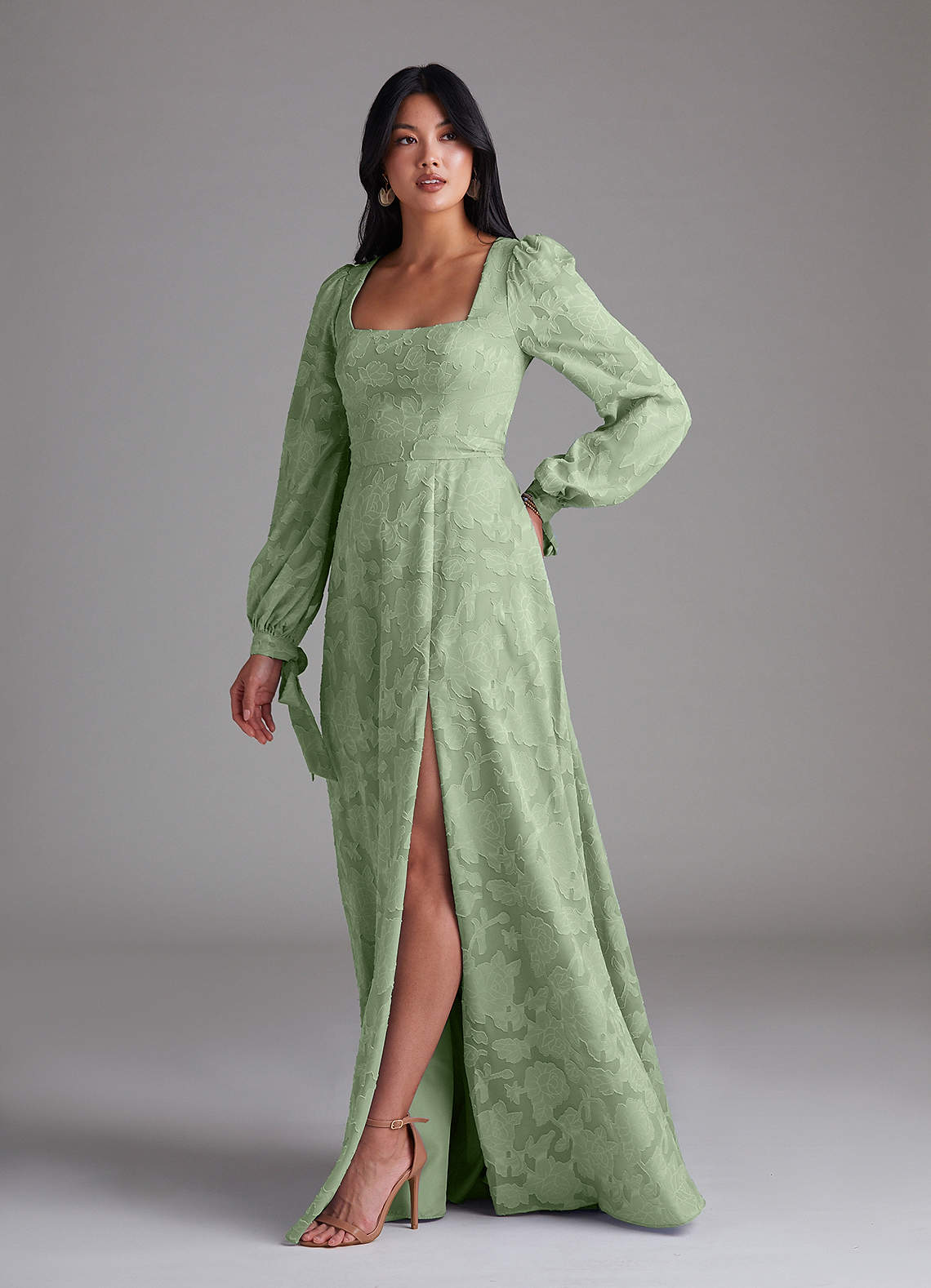 Leonia A-Line Square-Neck Stretch Satin Bridesmaid Dress in Dusty Sage