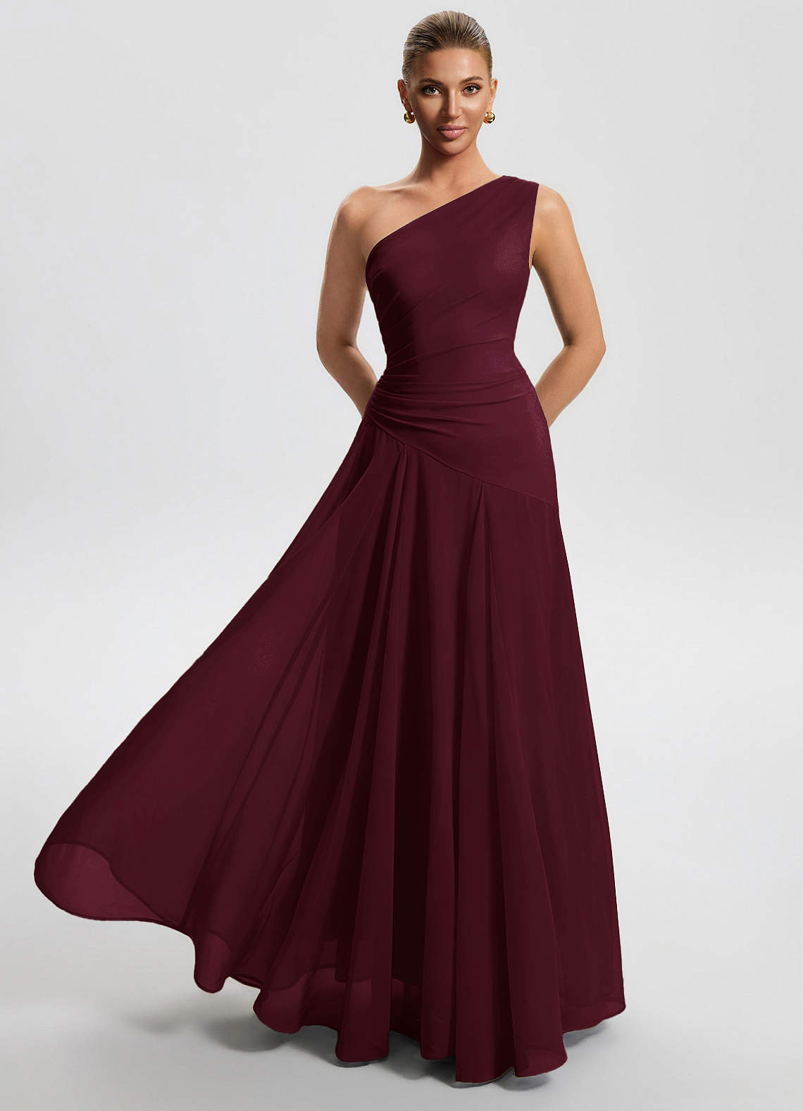 Sylvaine A-Line One-Shoulder Chiffon Wedding Guest Dress in Wine