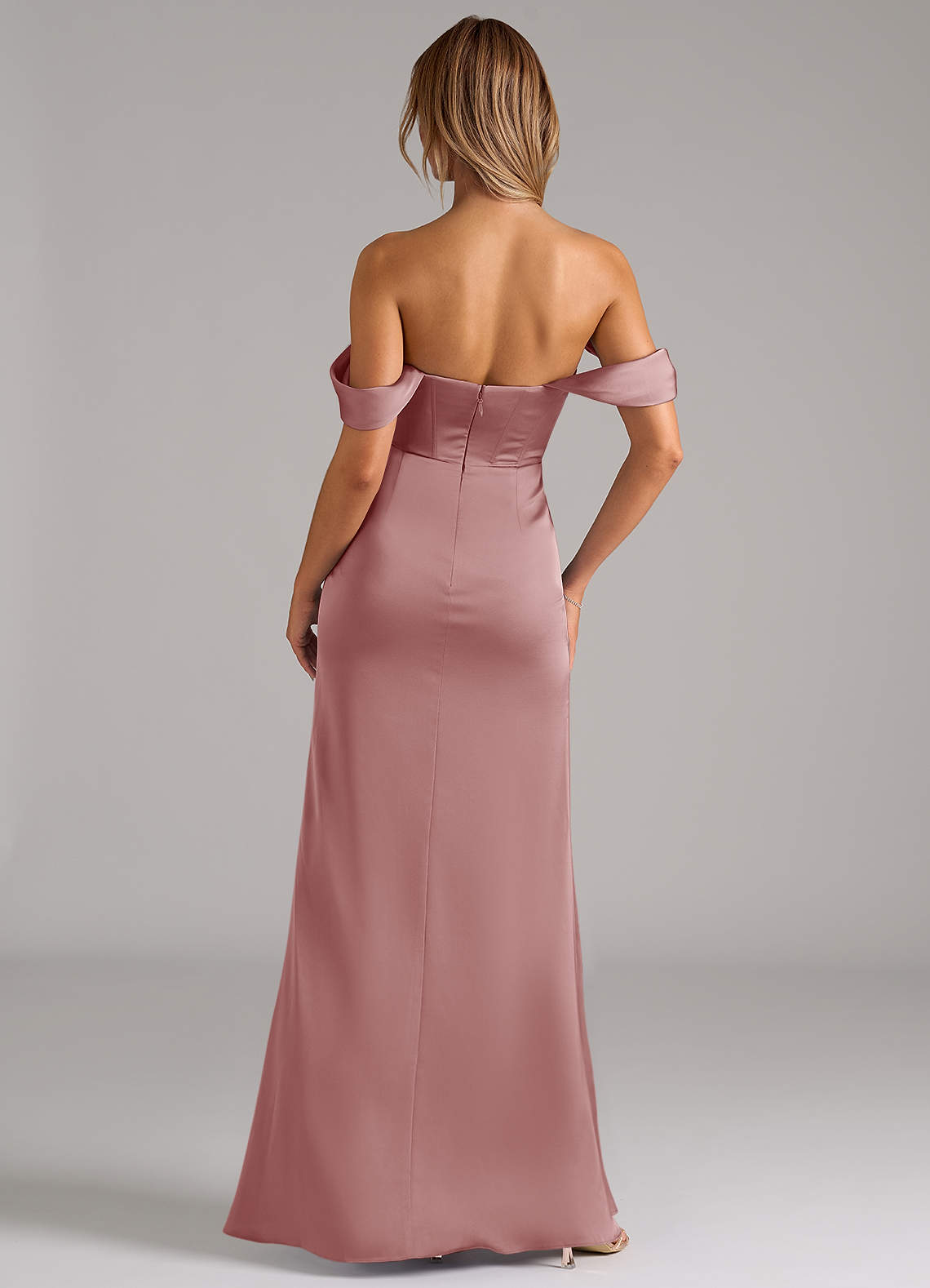 Johana Mermaid Off-the-Shoulder Stretch Satin Bridesmaid Dress in dusty rose