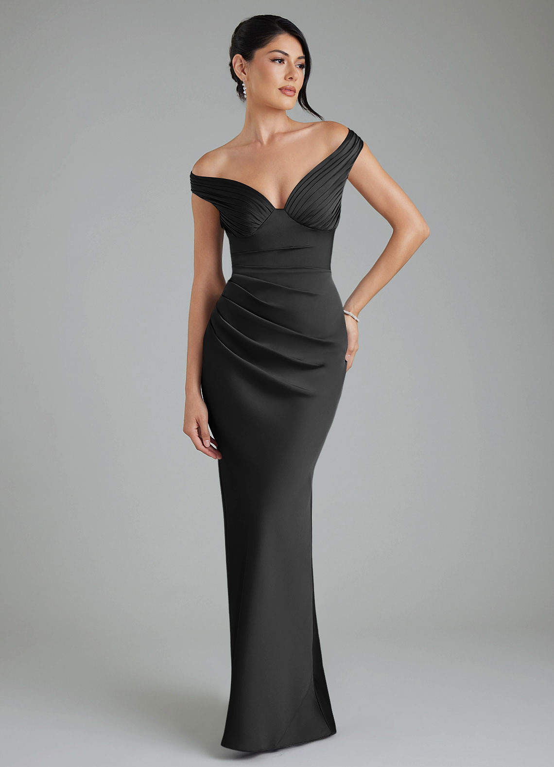 Stella Sheath V-Neck Stretch Satin Bridesmaid Dress in black
