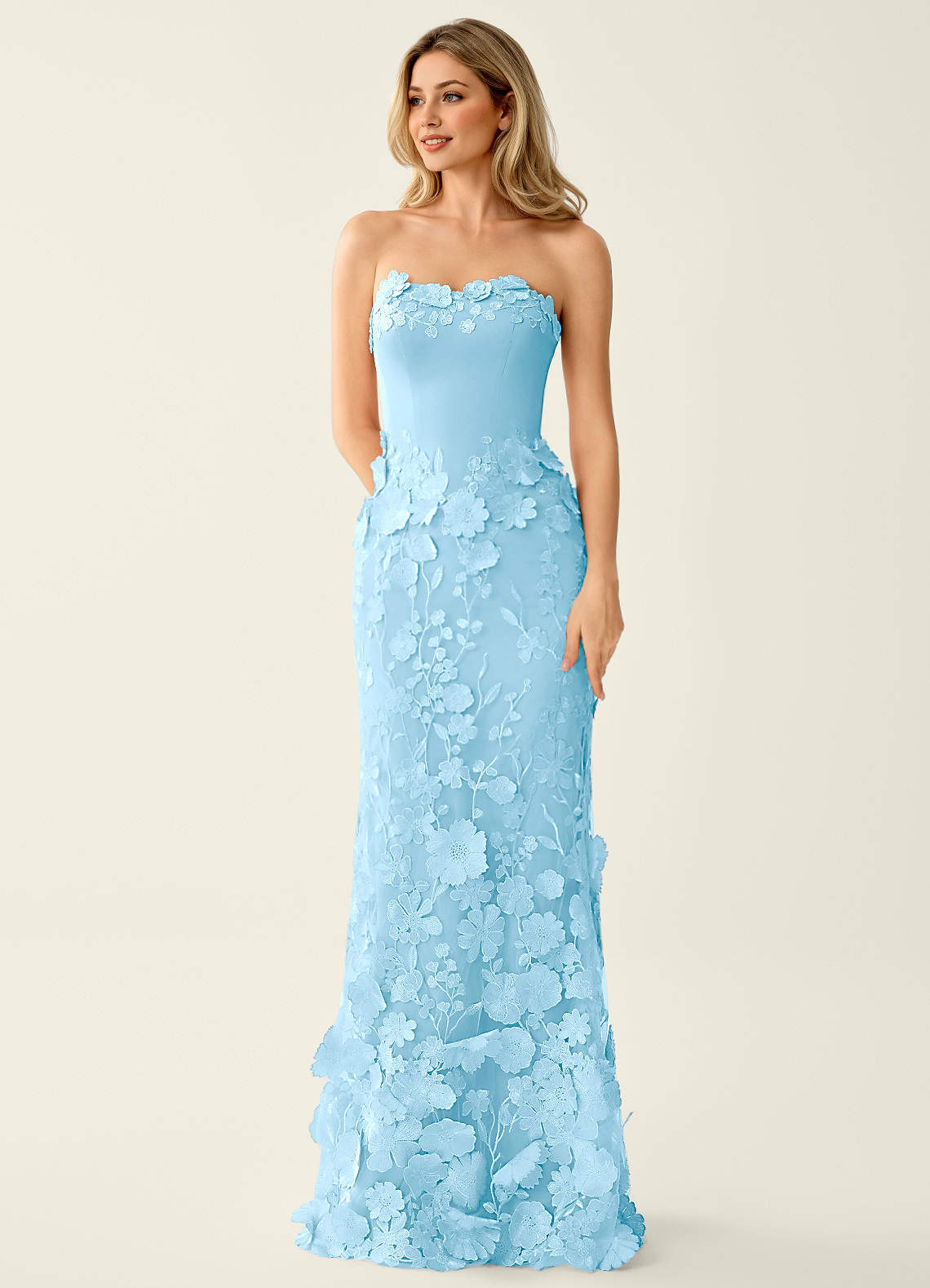 Wrensincia Mermaid Strapless Crystal Linen Satin Evening Dress in Sky Blue
