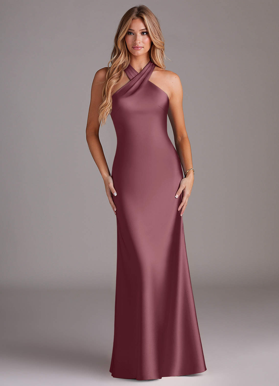 Doretta Mermaid Halter Stretch Satin Bridesmaid Dress in Desert Rose