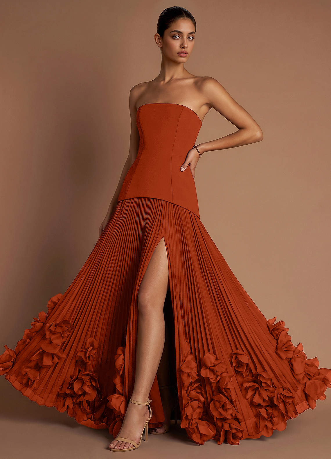 Marnie A-Line Corset Crepe Chiffon Evening Dress in Paprika