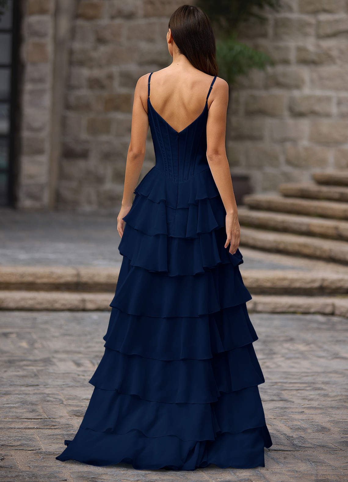 Floralace A-Line Ruffle Chiffon Evening Dress in Navy