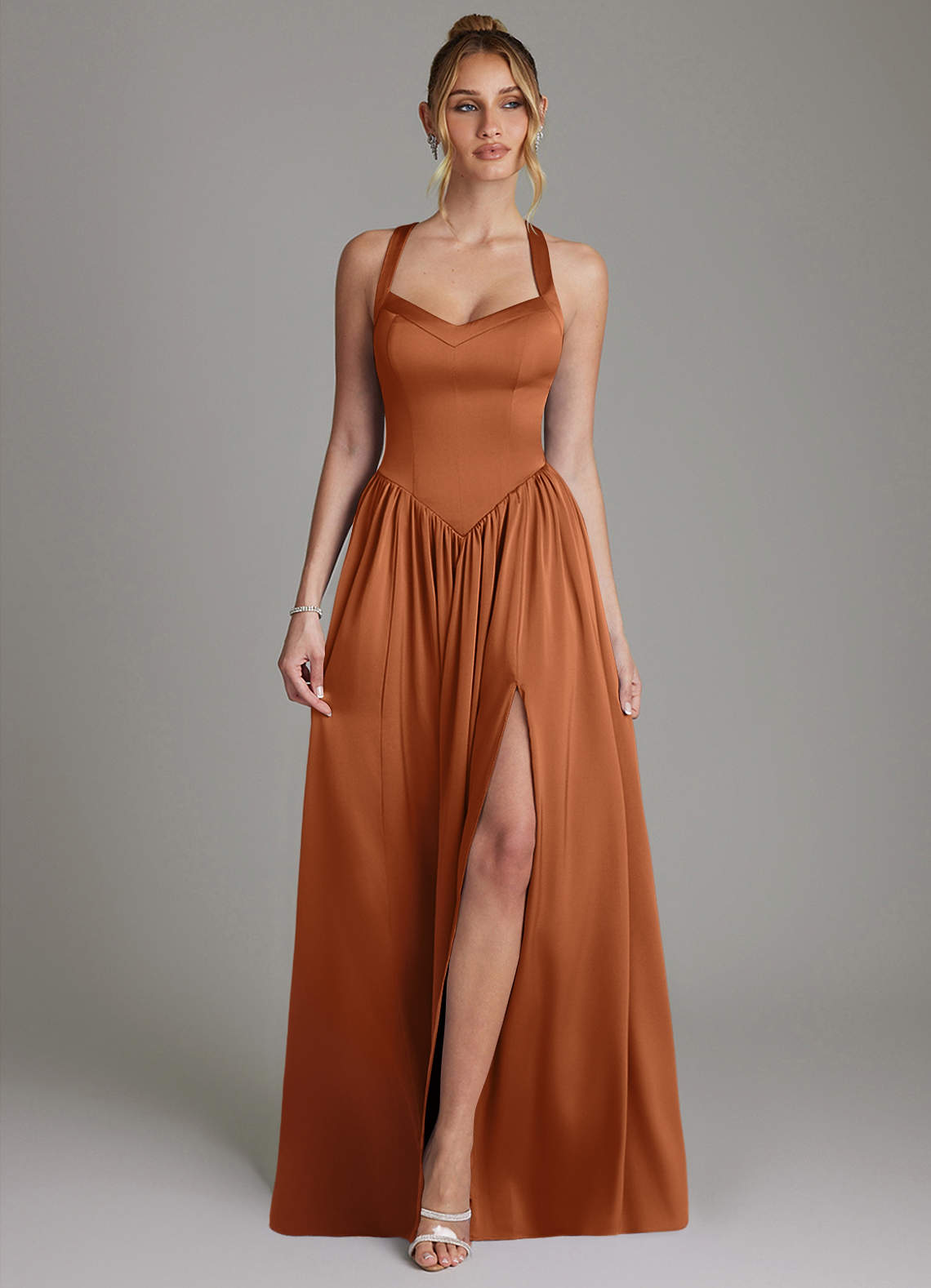 Francis A-Line V-Neck Stretch Satin Bridesmaid Dress in Copper
