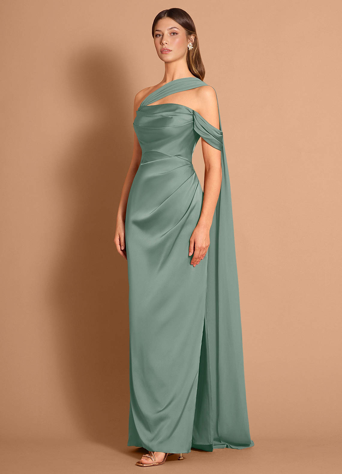 Meliora Asymmetric Strapless Chiffon-Drape Stretch Satin Evening Dress in Vintage Sage