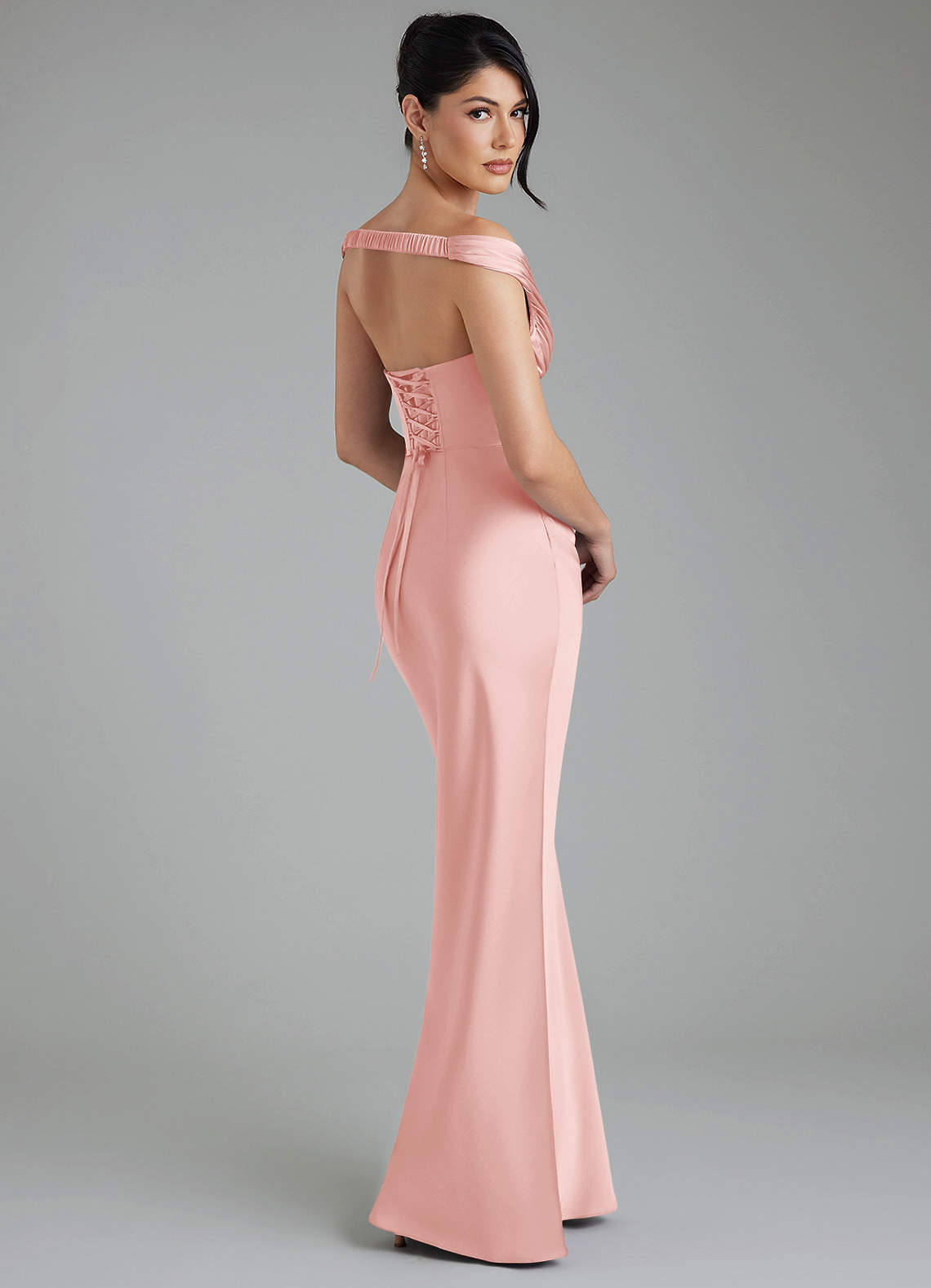 Stella Sheath V-Neck Stretch Satin Bridesmaid Dress in Powder Pink