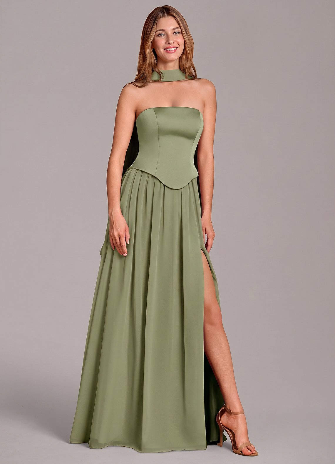 Cadence A-Line Strapless Chiffon and Stretch Satin Bridesmaid Dress in Pistachio