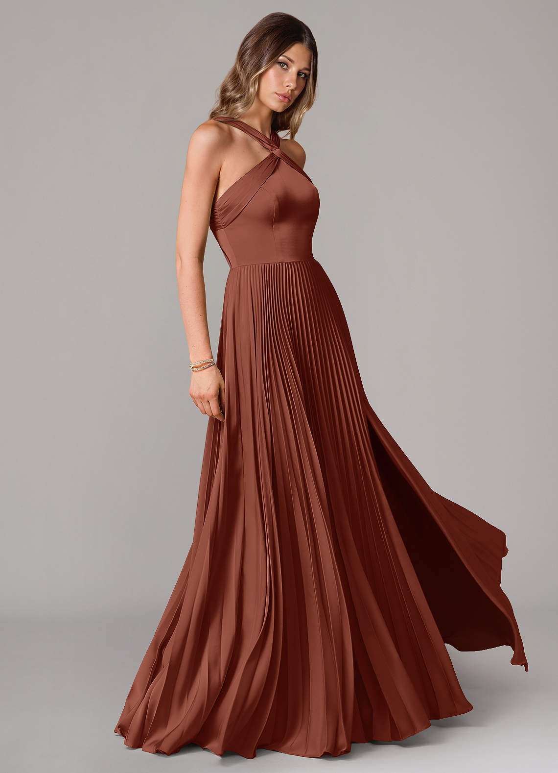 Afra A-Line Halter-Neck Stretch Satin Bridesmaid Dress in Auburn