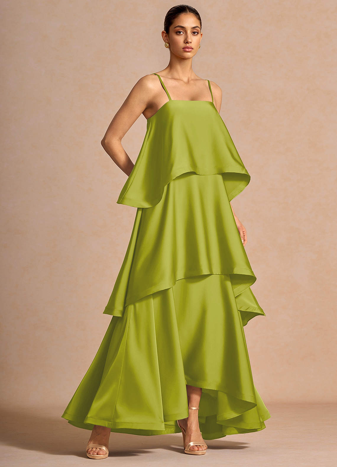 Itasca A-Line Tiered Stretch Satin Wedding Guest Dress in Lemon Green