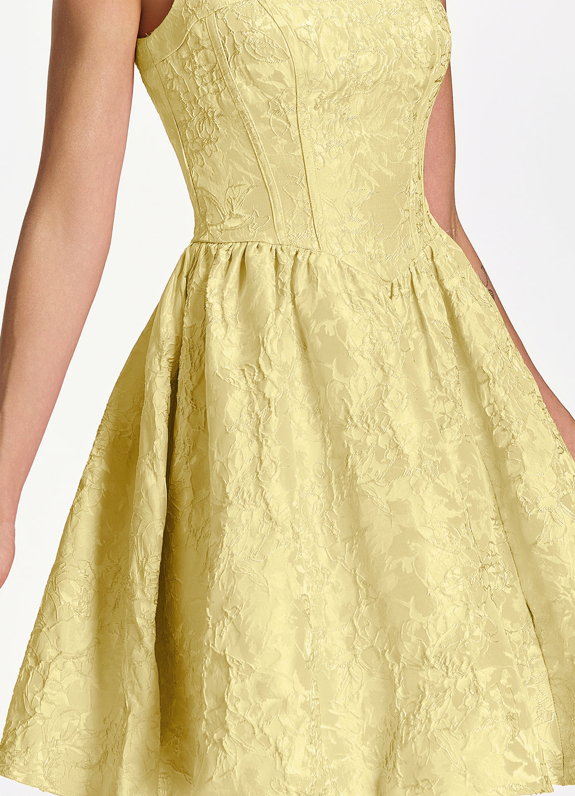 Lionelle Skater Mini Square-Neck Jacquard Prom Dress in Yellow - photo 7