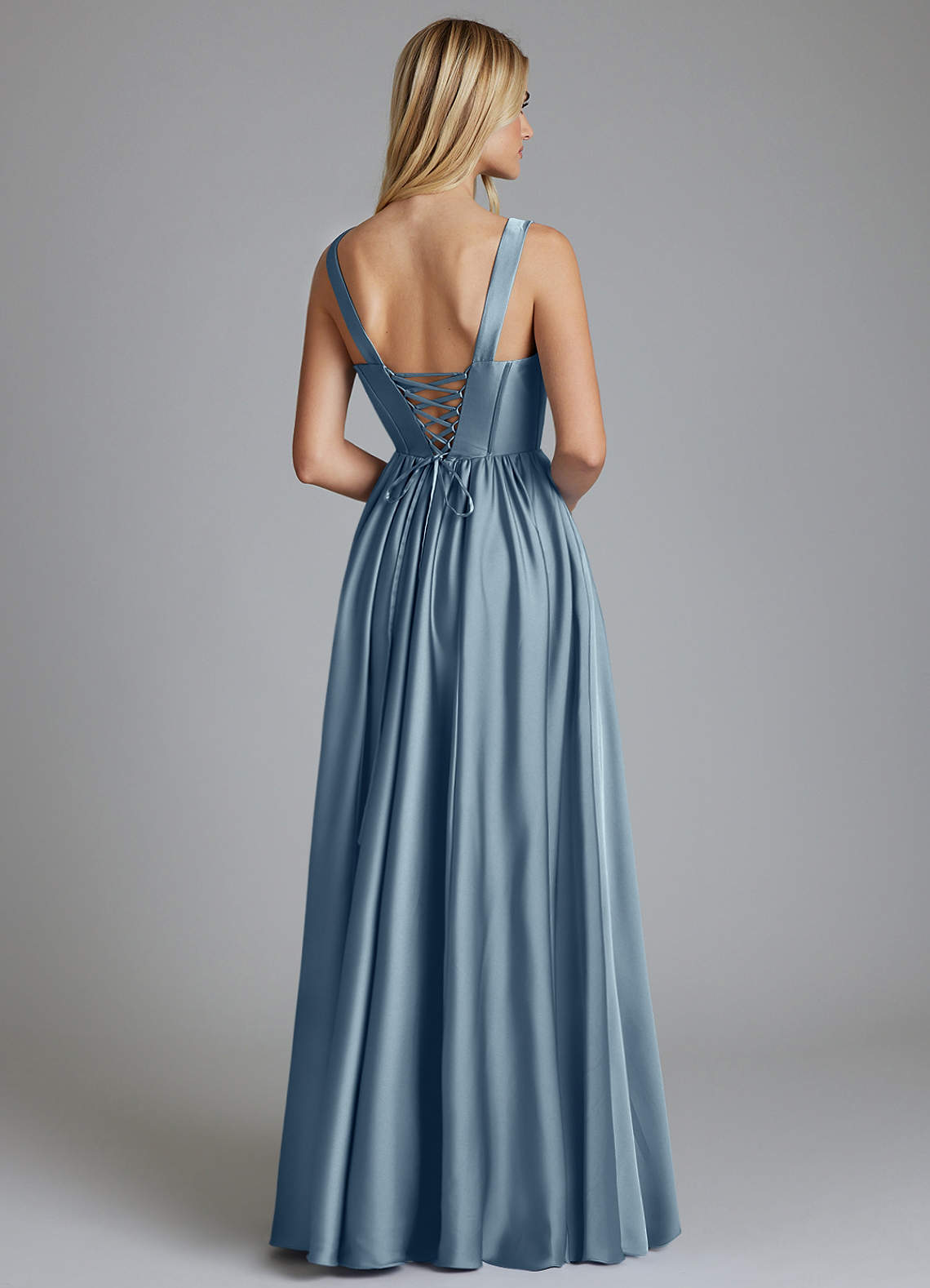 Delmie A-Line V-Neck Stretch Satin Bridesmaid Dress in dusty blue