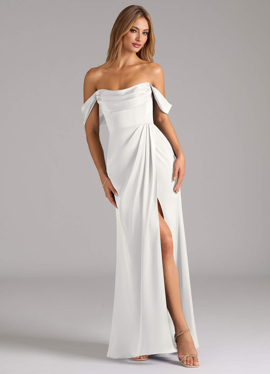 Johana Mermaid Off-the-Shoulder Stretch Satin Bridesmaid Dress in white