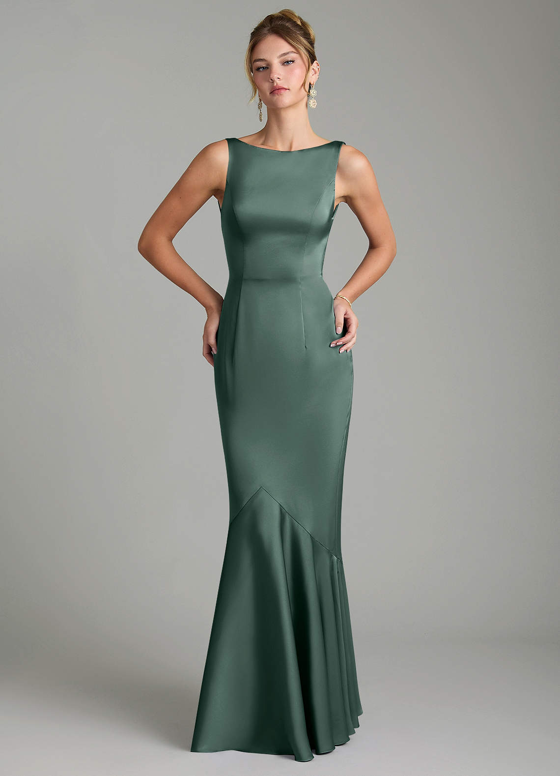 Tamera Mermaid Boat-Neck Stretch Satin and Chiffon Bridesmaid Dress in Sea Moss