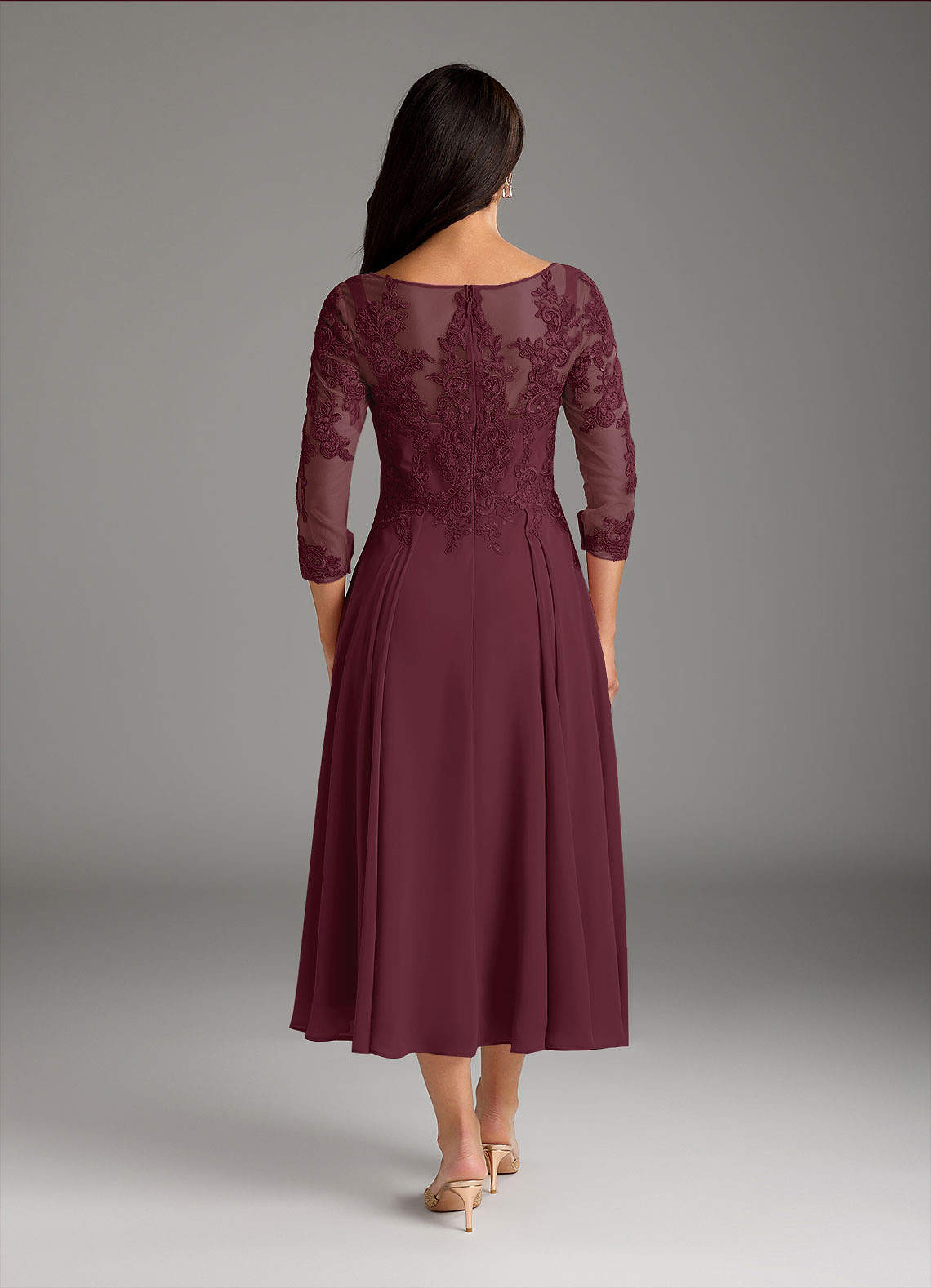Marge A-Line Scoop-Neck Chiffon and Lace Mother of the Bride Dress in Cabernet