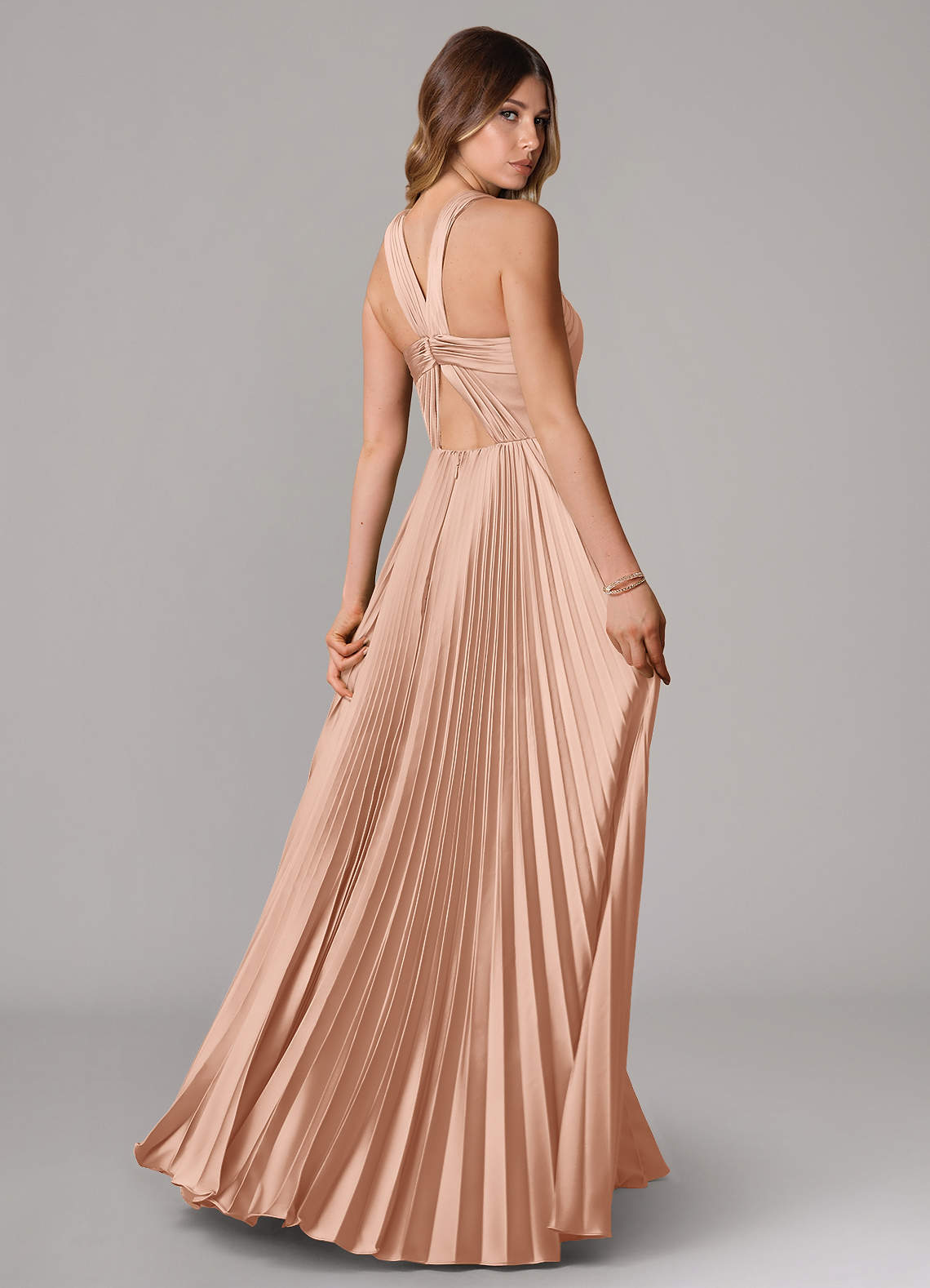 Afra A-Line Halter-Neck Stretch Satin Bridesmaid Dress in rose gold