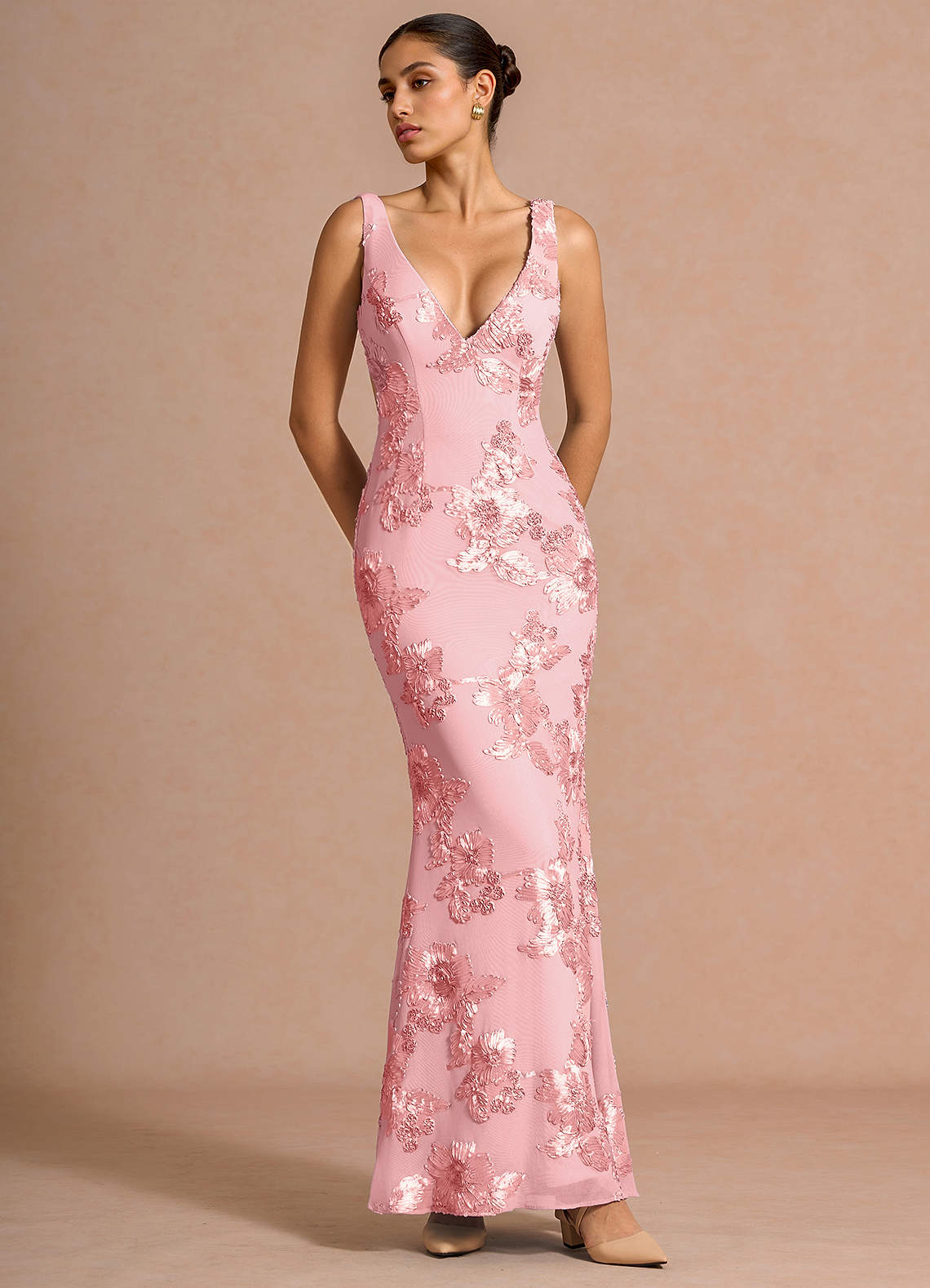 Ivellea Mermaid V-Neck Mesh Evening Dress in Frosted Lilac
