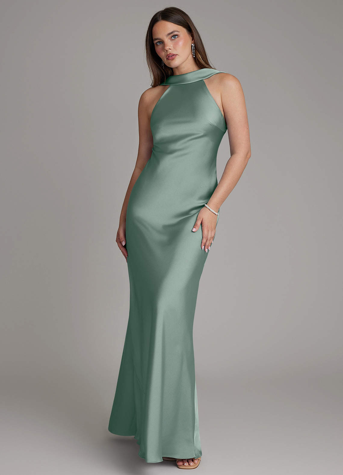 Dimitra Sheath Halter Stretch Satin Bridesmaid Dress in Silver Sage