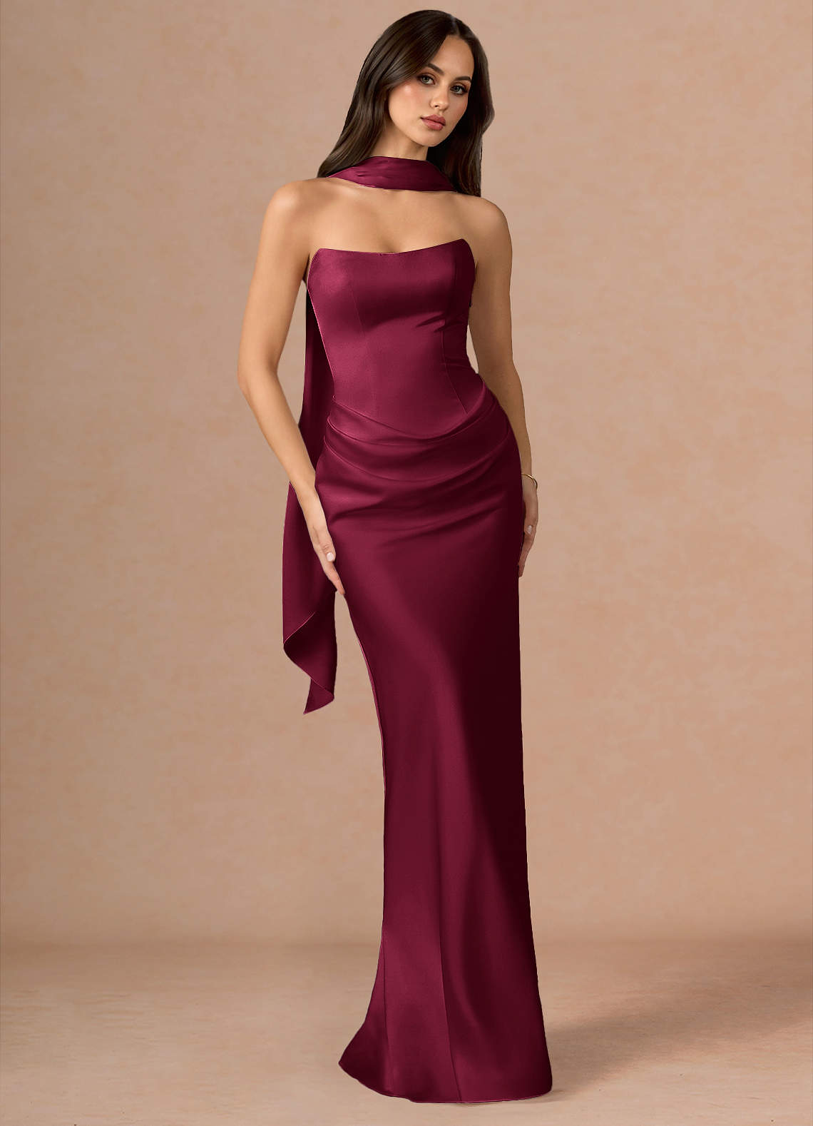 Valencia Scarf Lace-Up Stretch Satin Evening Dress in Merlot