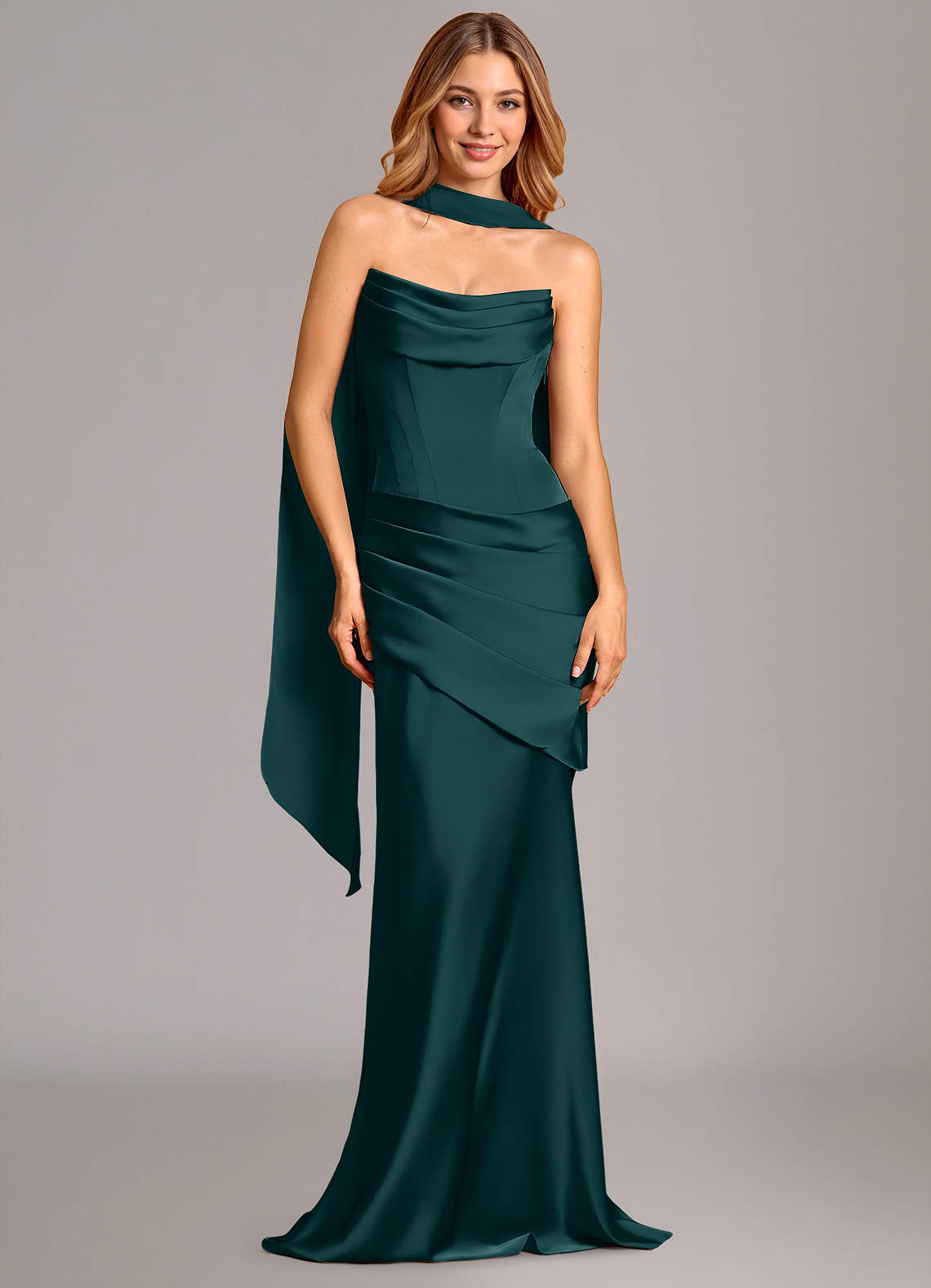 Pelagia Mermaid Cowl-Neck Stretch Satin Bridesmaid Dress in Pine