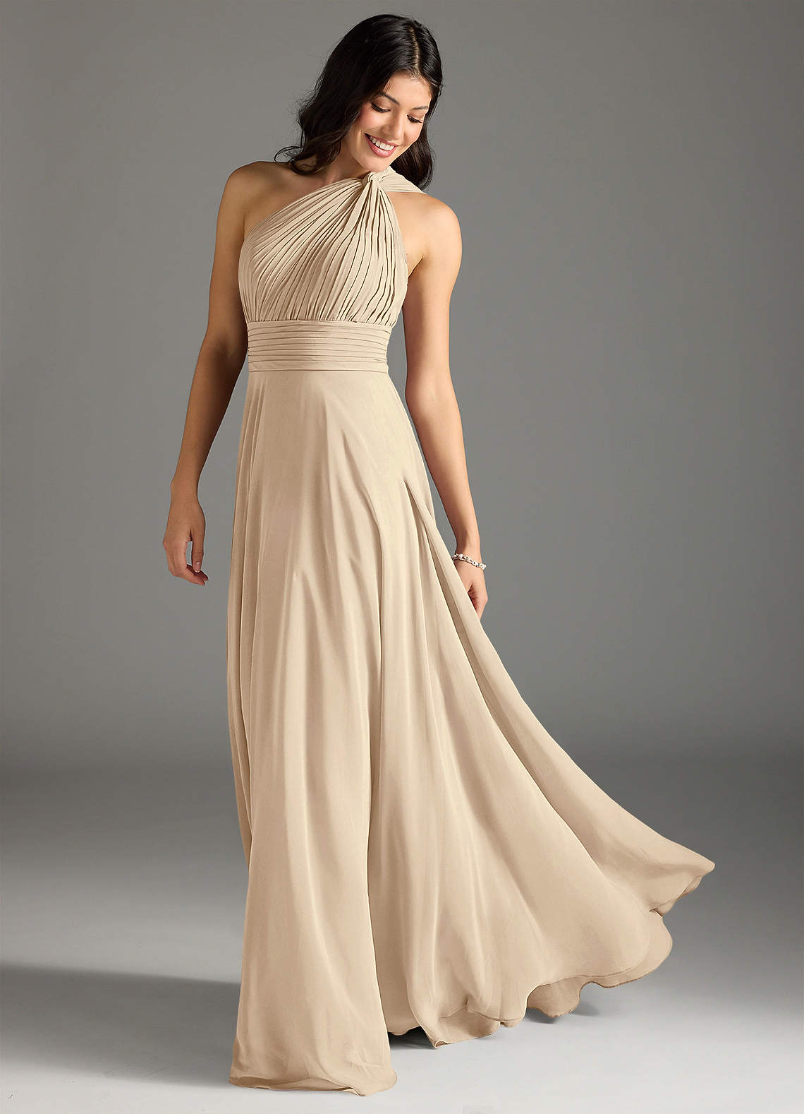 Charlize A-Line One-Shoulder Chiffon Bridesmaid Dress in Champagne