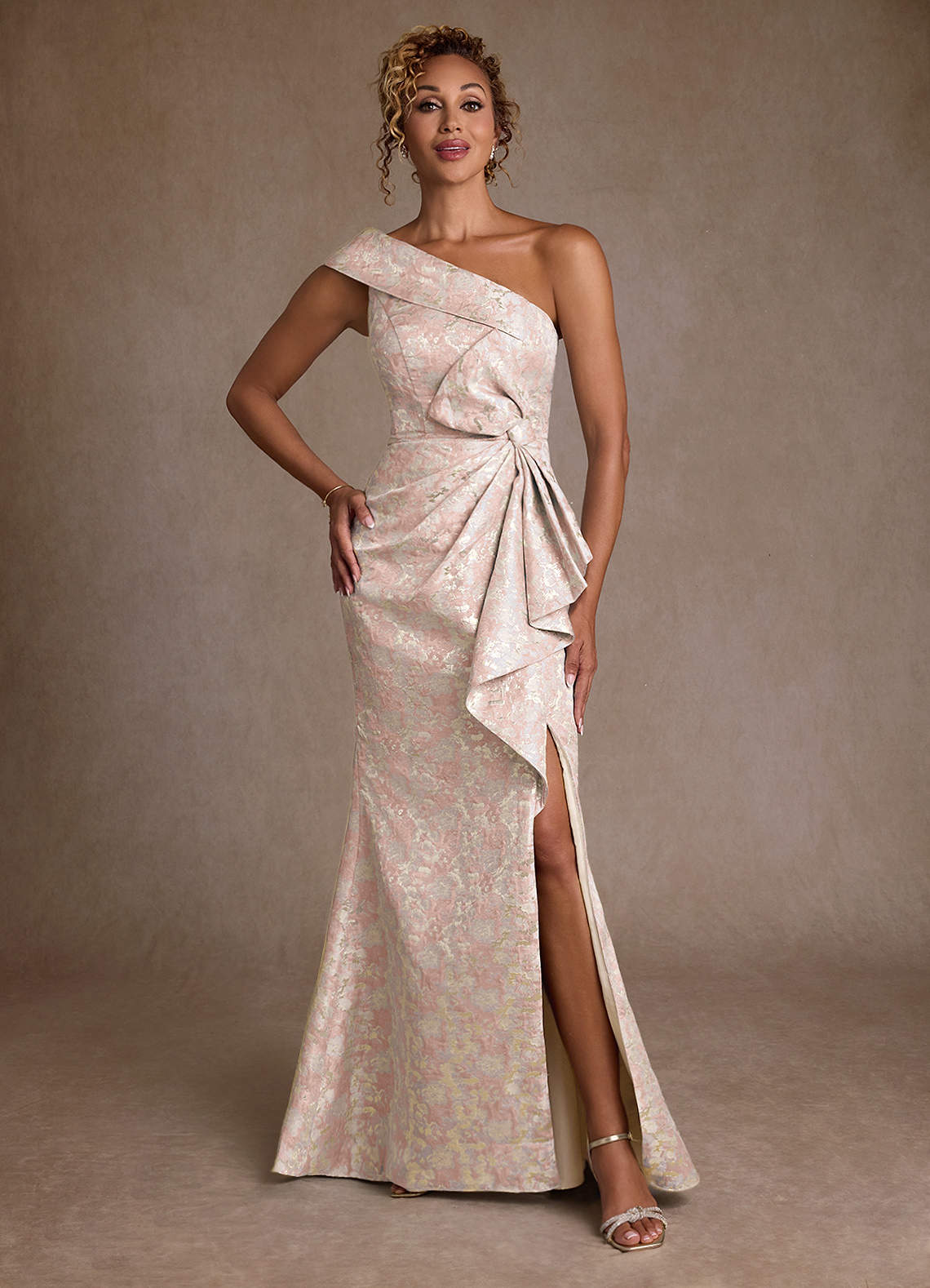 Hampton Mermaid One-Shoulder Jacquard Mother of the Bride Dress in Dusty Rose