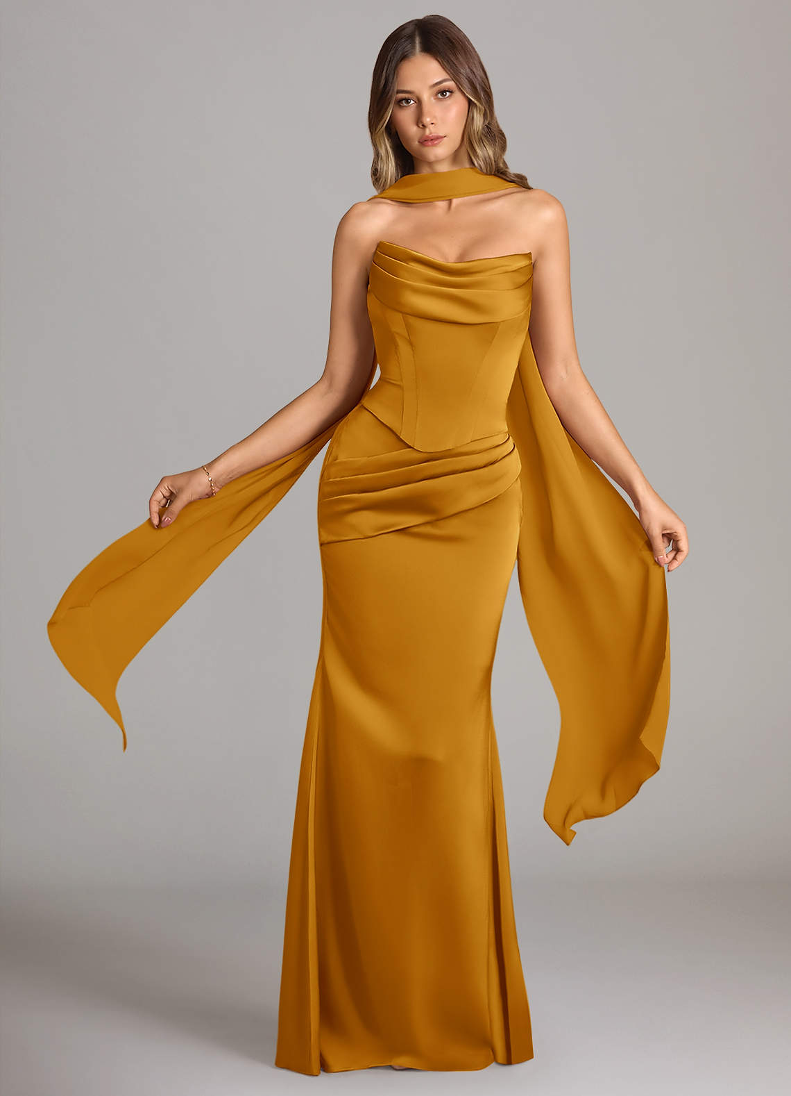 Sorrel Mermaid Cowl-Neck Stretch Satin and Chiffon Bridesmaid Dress in butterscotch