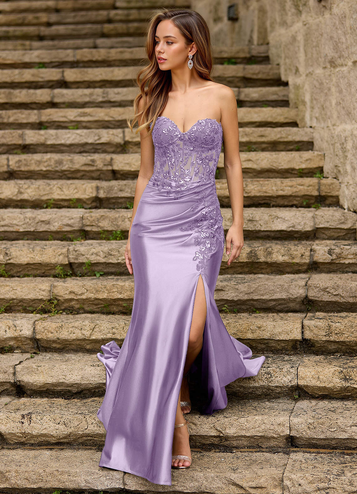 Emblace Mermaid Off-the-Shoulder Stretch Satin Evening Dress in Lavender