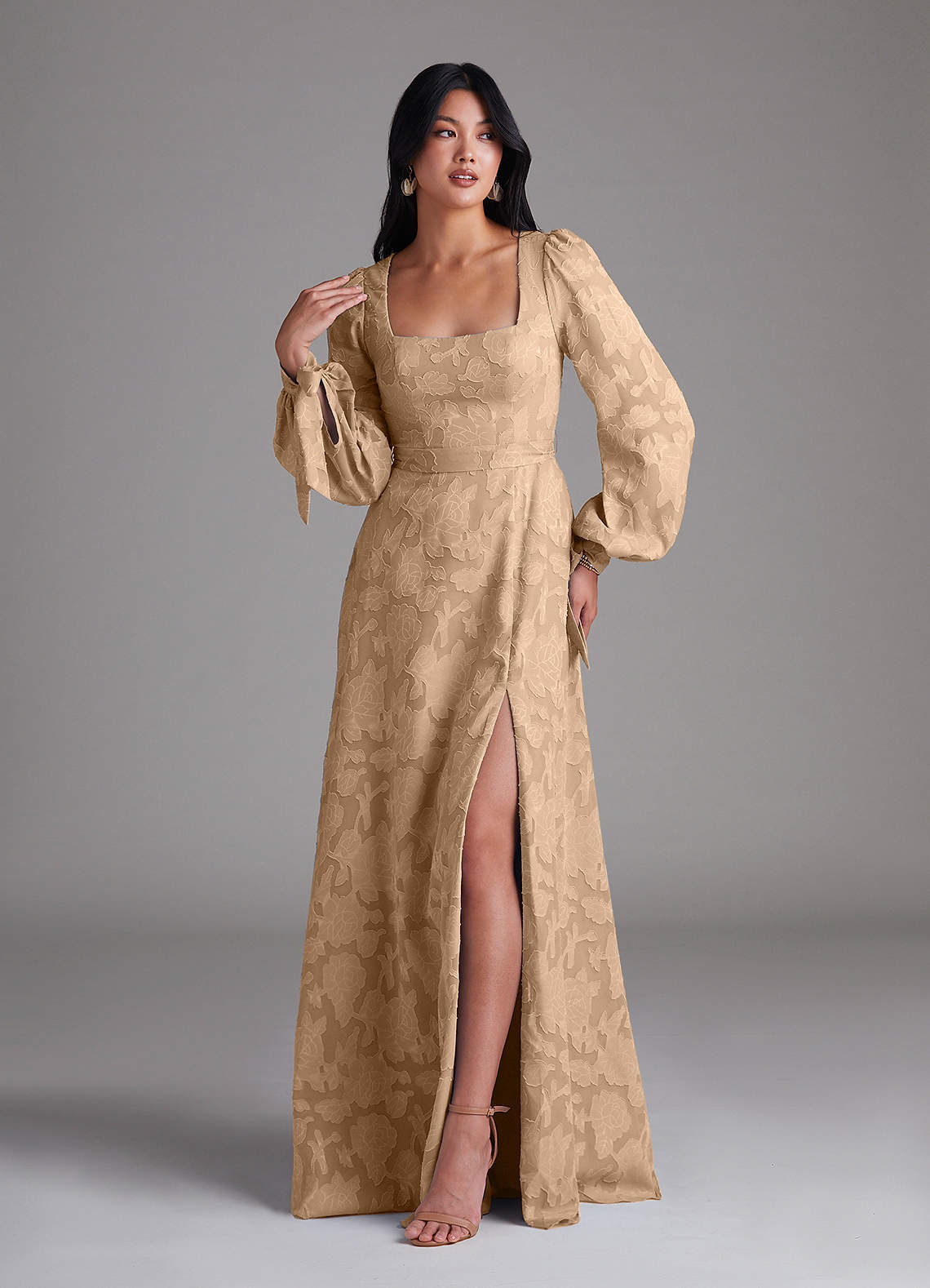 Leonia A-Line Square-Neck Stretch Satin Bridesmaid Dress in Champagne