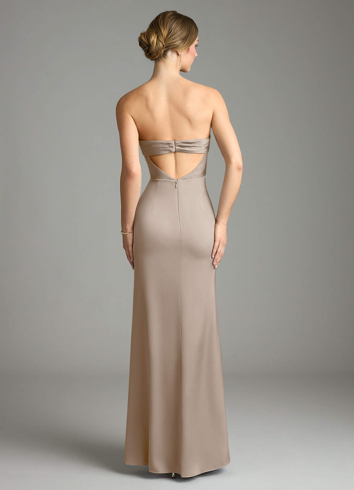 Leonis Mermaid Cowl-Neck Stretch Satin Bridesmaid Dress in Taupe