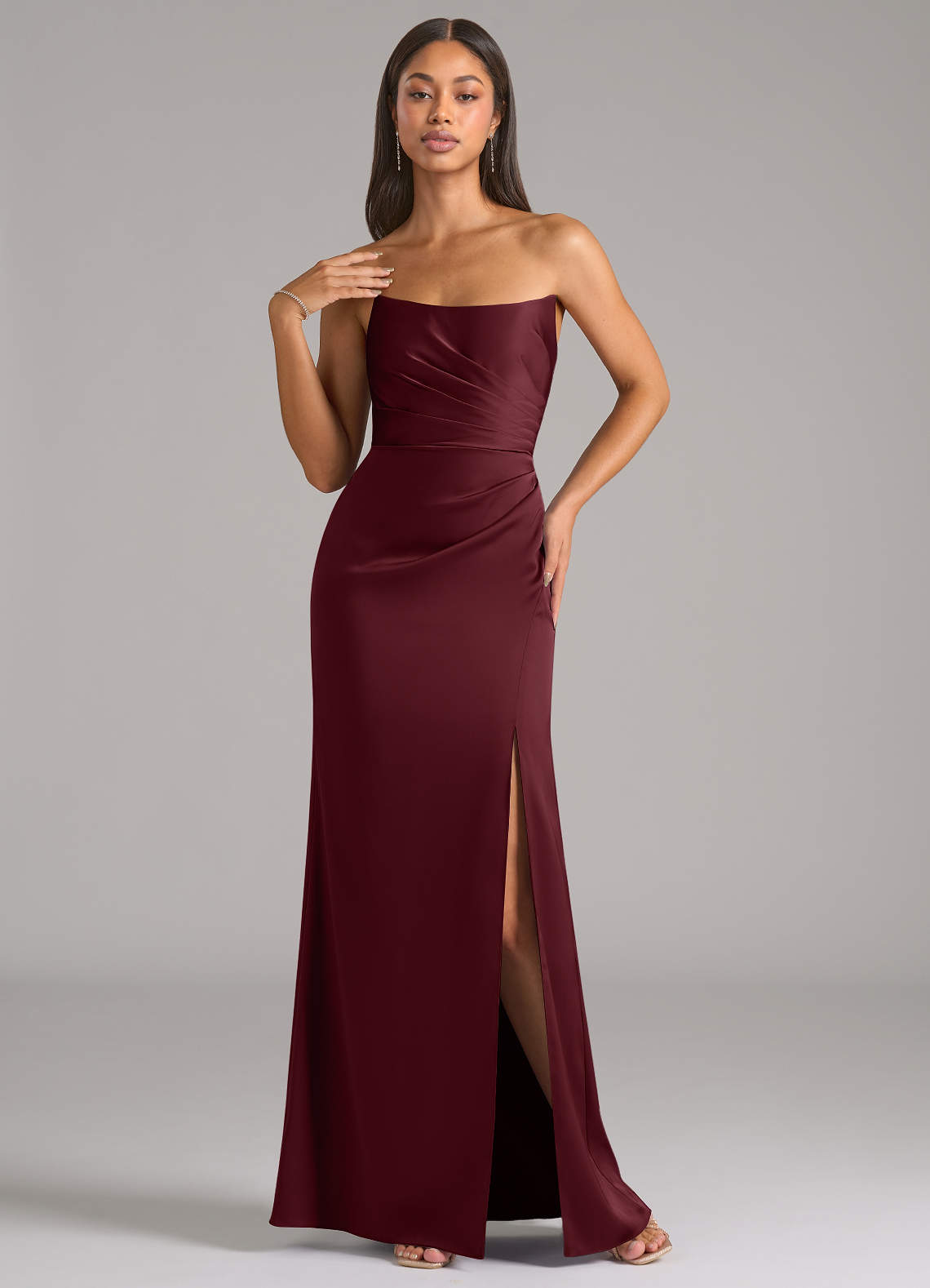 Marla Sheath Strapless Stretch Satin Bridesmaid Dress in Cabernet