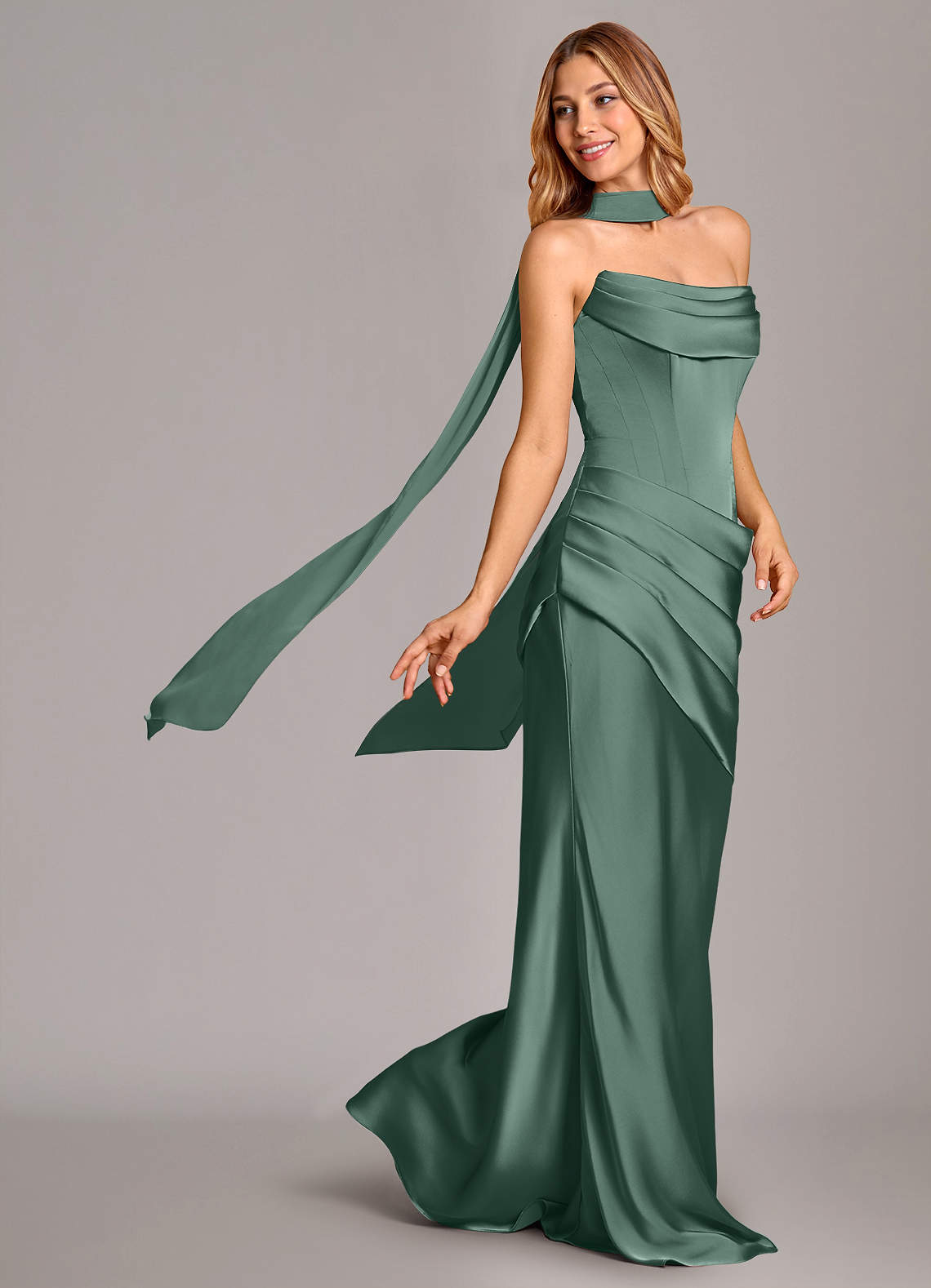 Pelagia Mermaid Cowl-Neck Stretch Satin Bridesmaid Dress in Eucalyptus