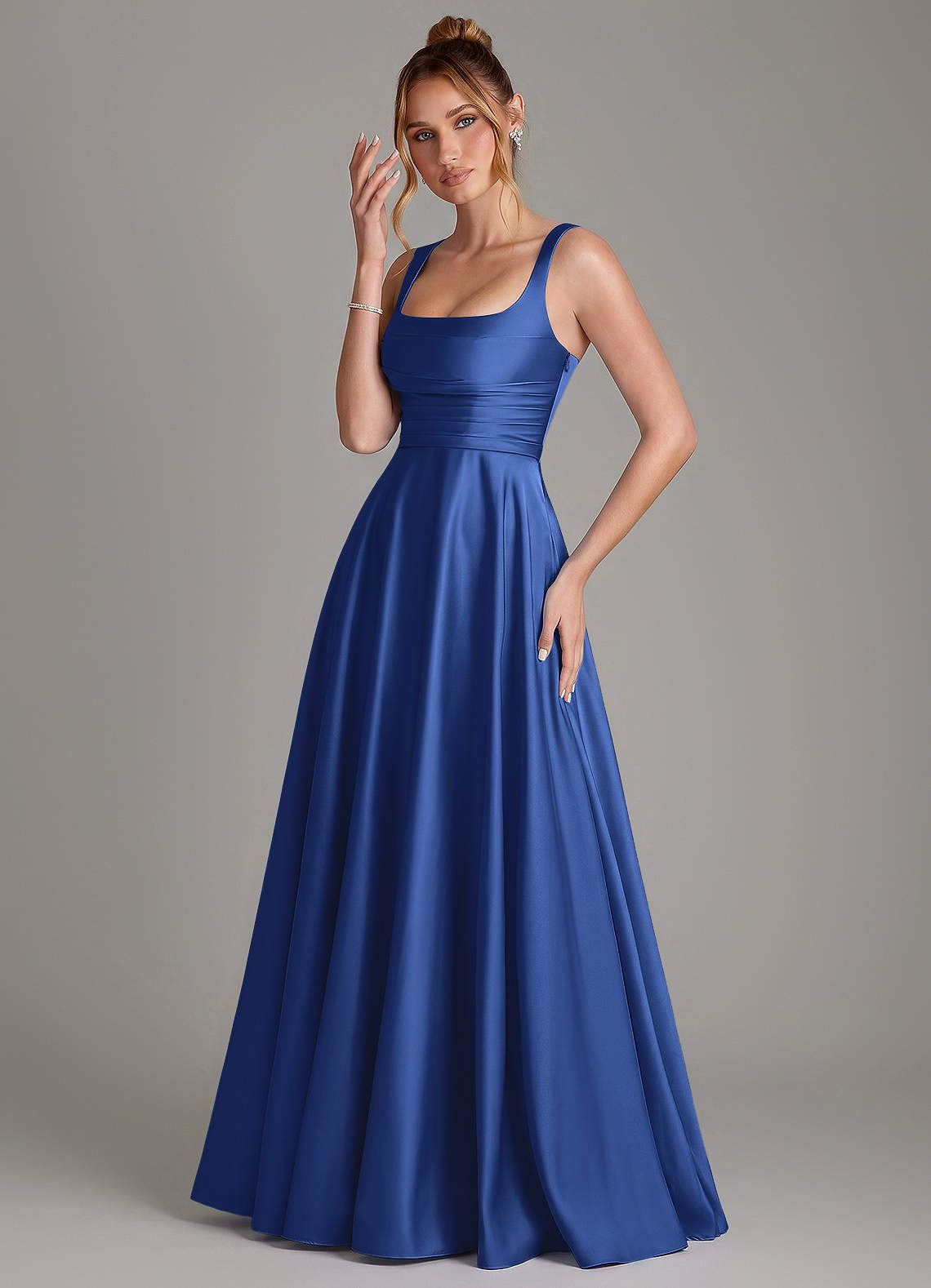 Azaria A-Line Square-Neck Stretch Satin Bridesmaid Dress in Royal Blue