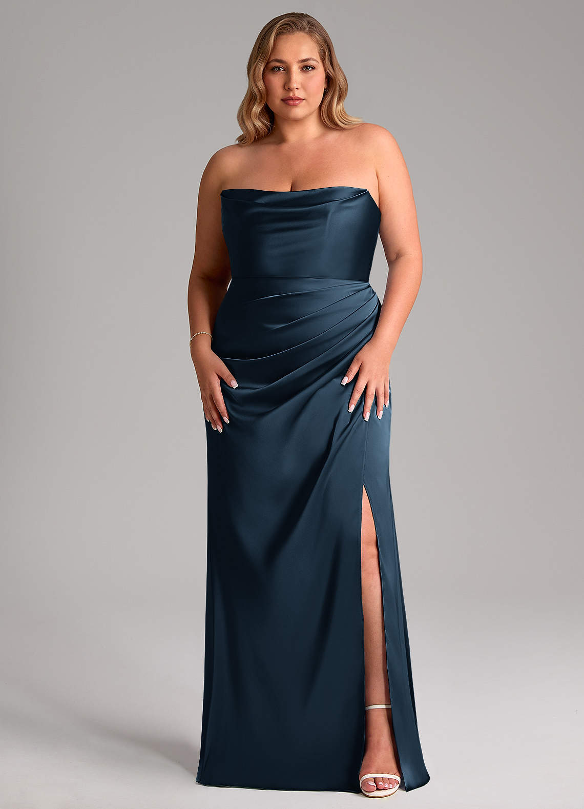 Leonis Mermaid Cowl-Neck Stretch Satin Bridesmaid Dress in Dark Navy