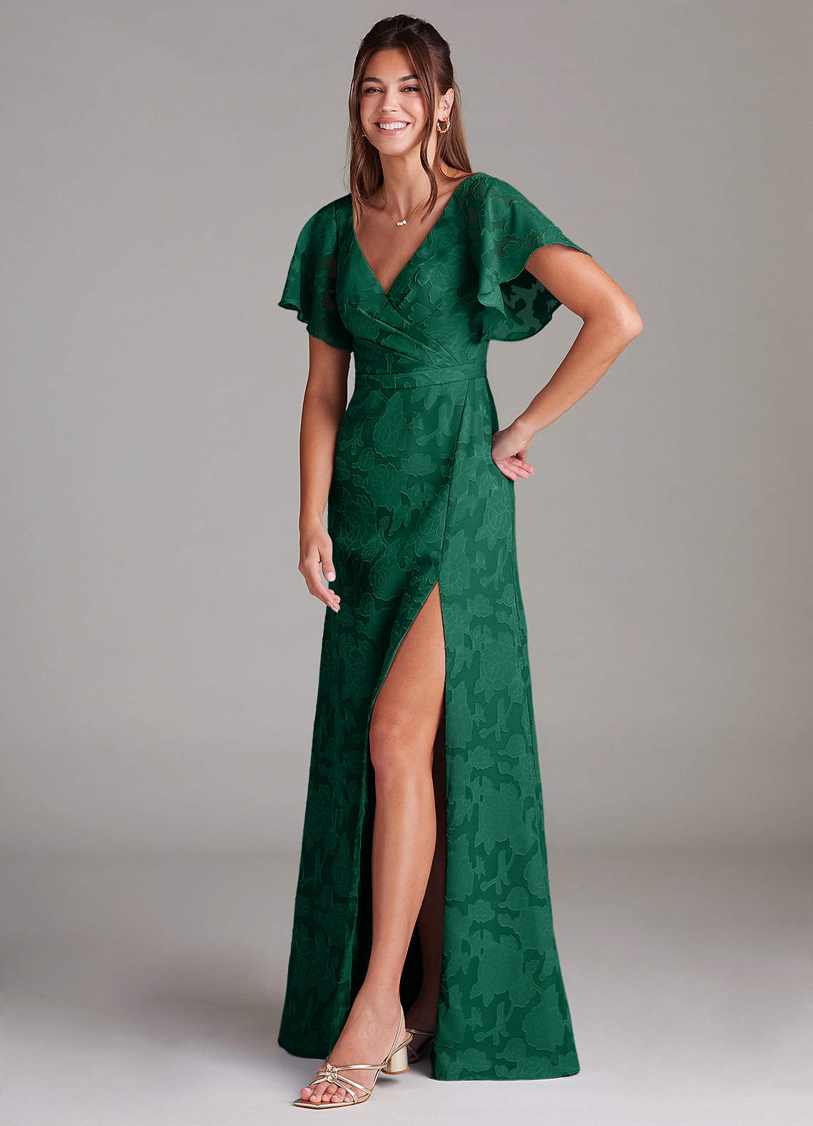 Ambrosia A-Line V-Neck Floral Burnout Bridesmaid Dress in Emerald