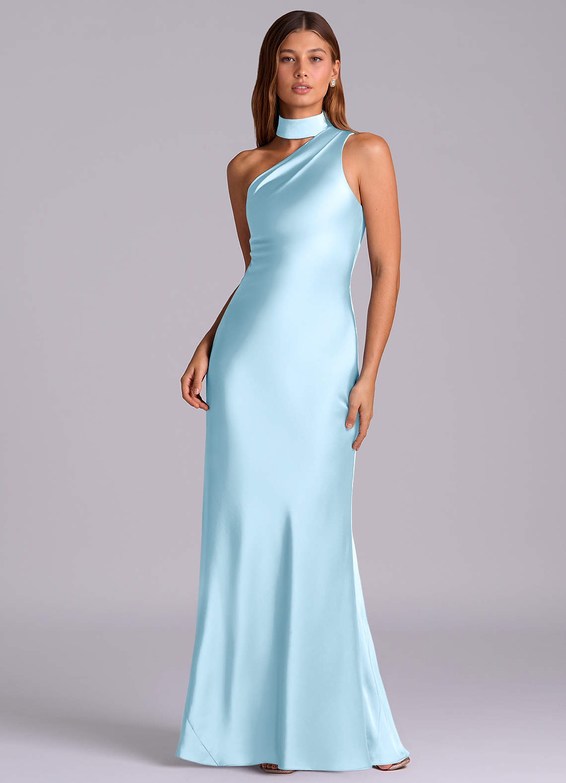 Seona Mermaid One-Shoulder Stretch Satin and Tulle Bridesmaid Dress in Sky Blue